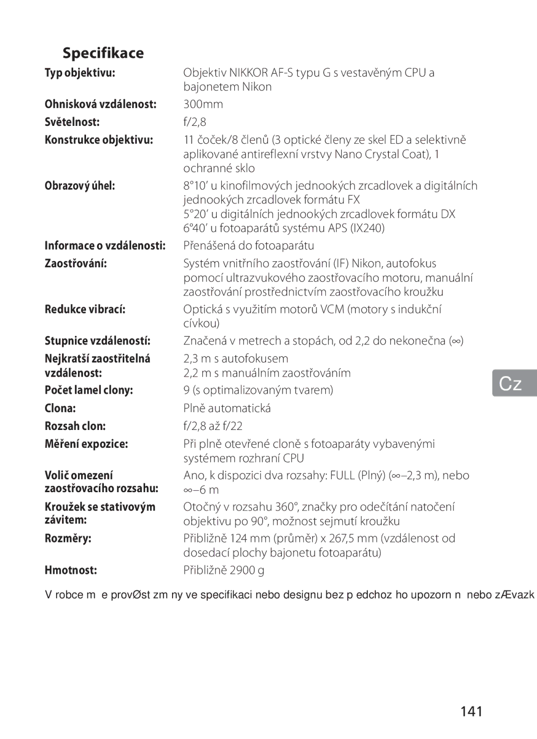 Nikon 2186, 300mm f/2.8G ED VR II manual Specifikace, 141 