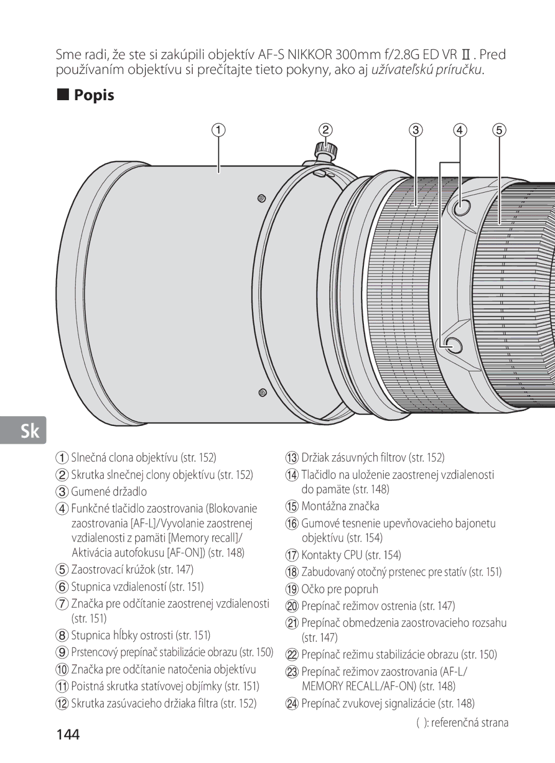 Nikon 300mm f/2.8G ED VR II, 2186 manual Popis, 144, Slnečná clona objektívu str, Gumené držadlo, Referenčná strana 