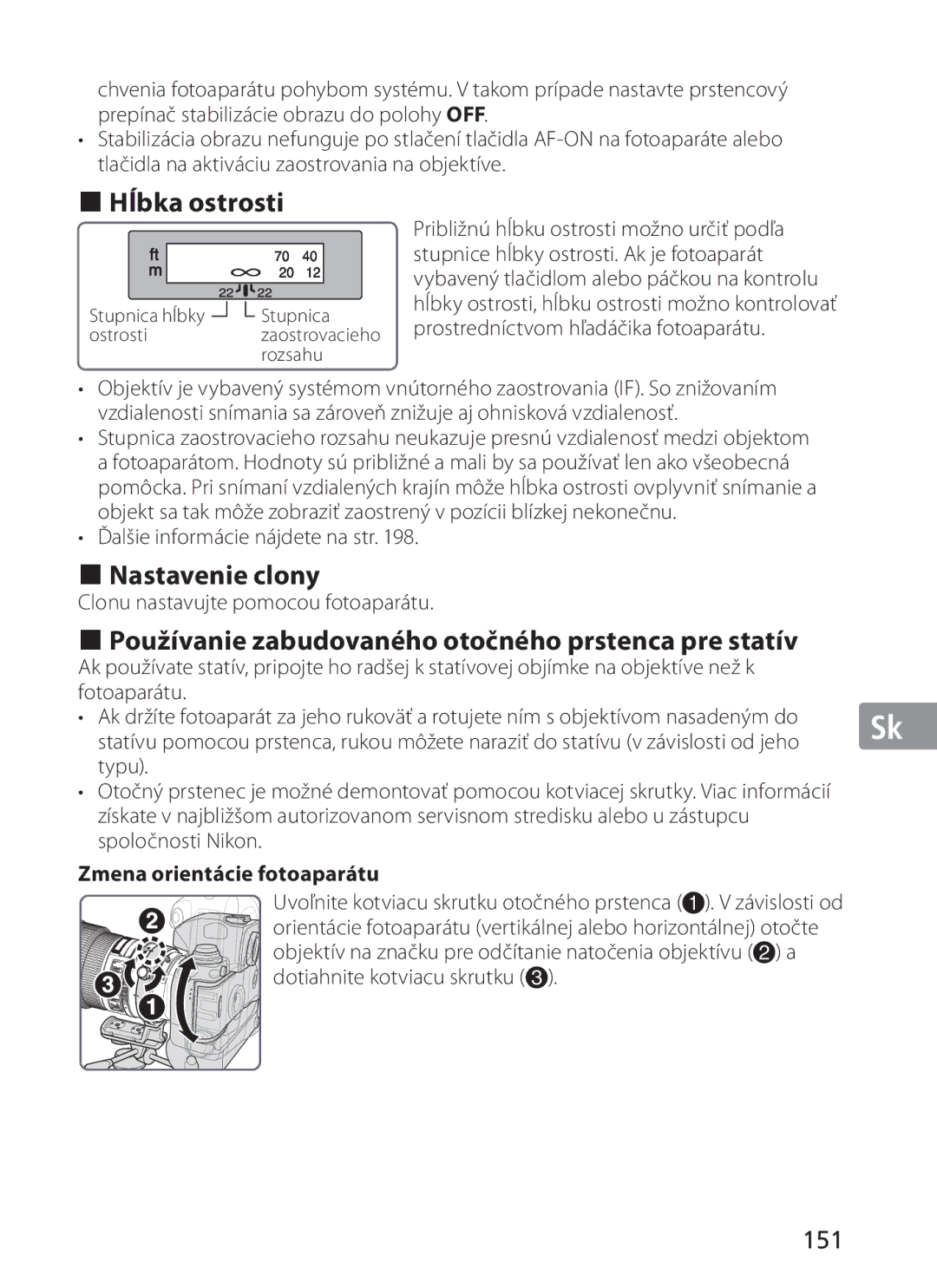 Nikon 2186 manual Hĺbka ostrosti, Nastavenie clony, Používanie zabudovaného otočného prstenca pre statív, 151 