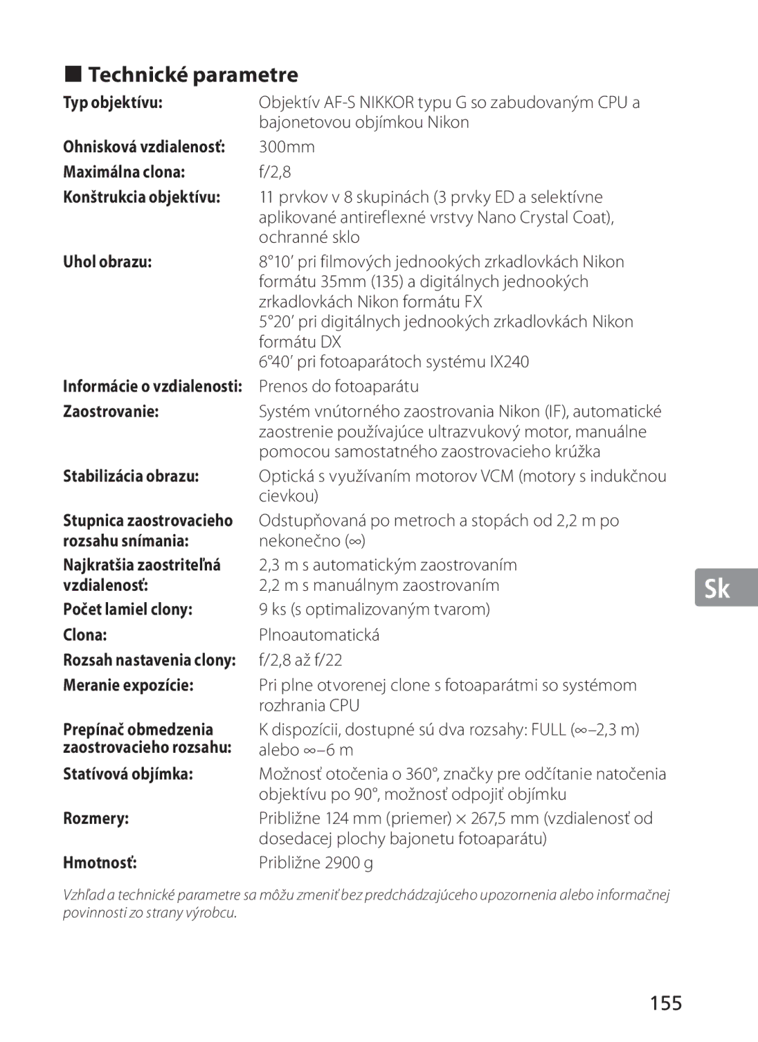 Nikon 2186, 300mm f/2.8G ED VR II manual Technické parametre, 155 