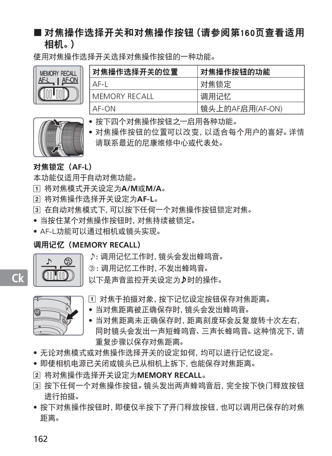 Nikon 300mm f/2.8G ED VR II, 2186 manual 162, 镜头上的af 启用af-On, 调用记忆（Memory Recall） 