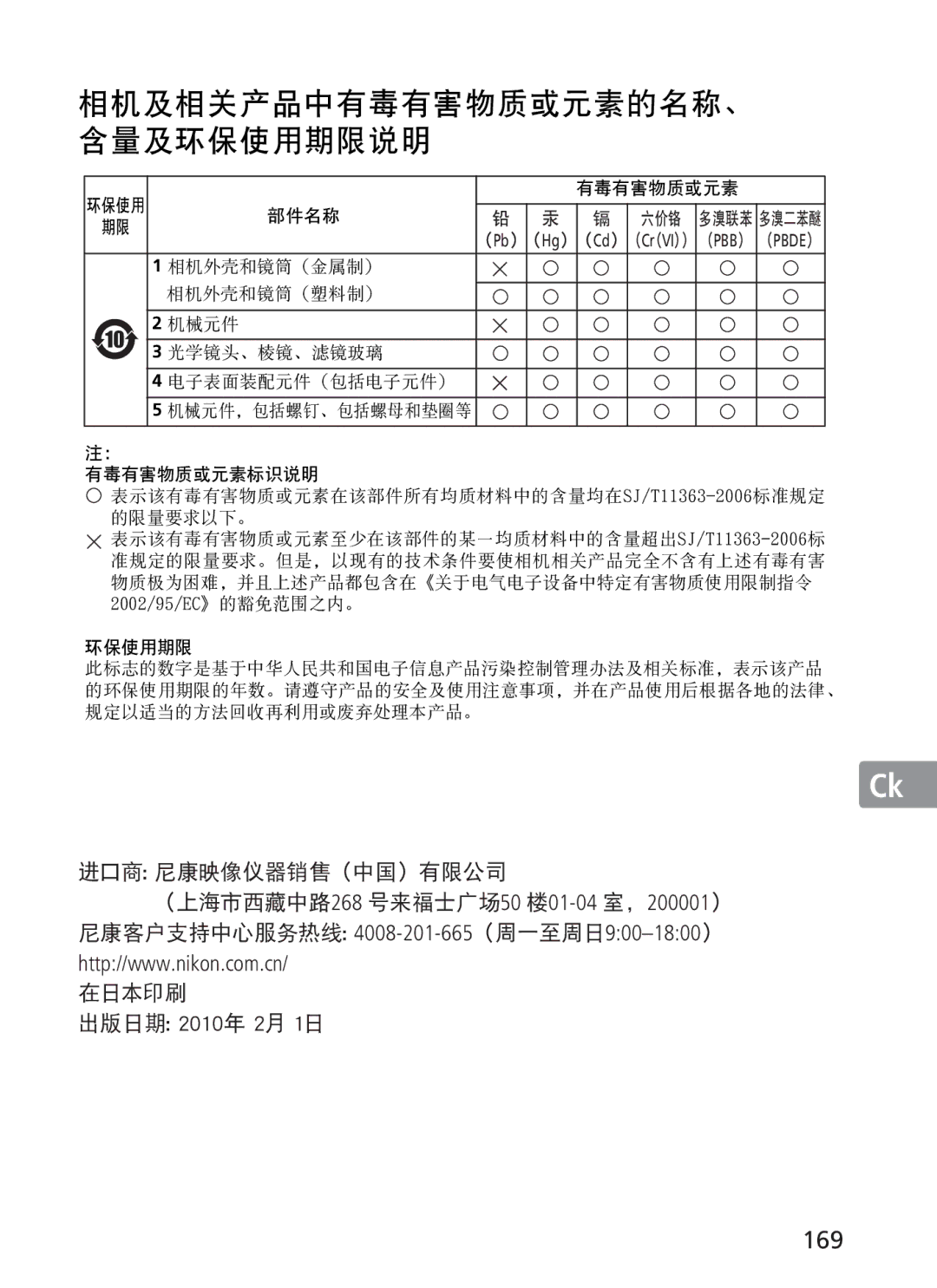 Nikon 2186, 300mm f/2.8G ED VR II manual 相机及相关产品中有毒有害物质或元素的名称、 含量及环保使用期限说明, 169 