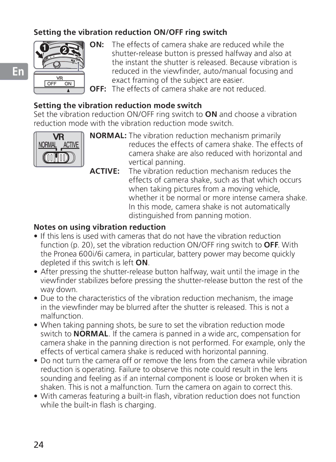 Nikon 300mm f/2.8G ED VR II, 2186 manual Setting the vibration reduction ON/OFF ring switch 