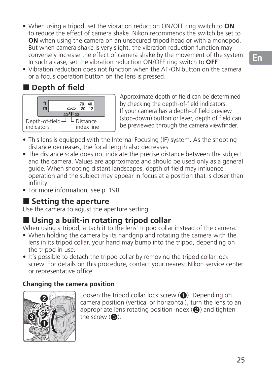 Nikon 2186 Depth of field, Setting the aperture, Using a built-in rotating tripod collar, Changing the camera position 