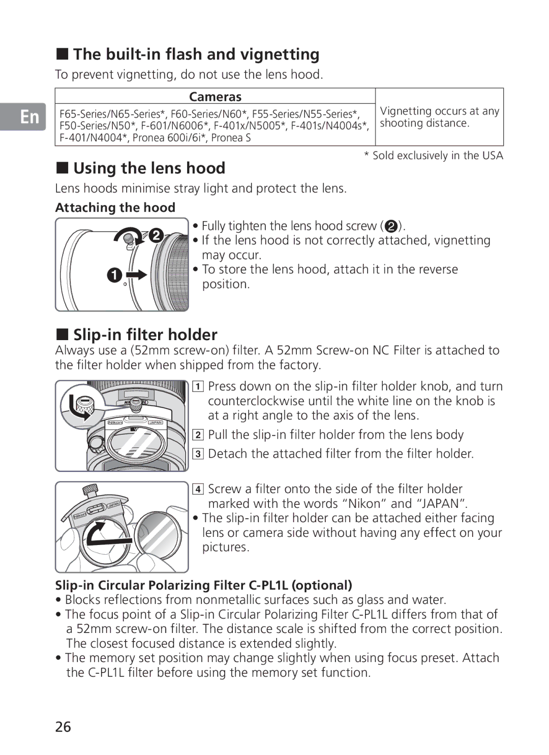 Nikon 300mm f/2.8G ED VR II, 2186 manual Built-in flash and vignetting, Using the lens hood, Slip-in filter holder 
