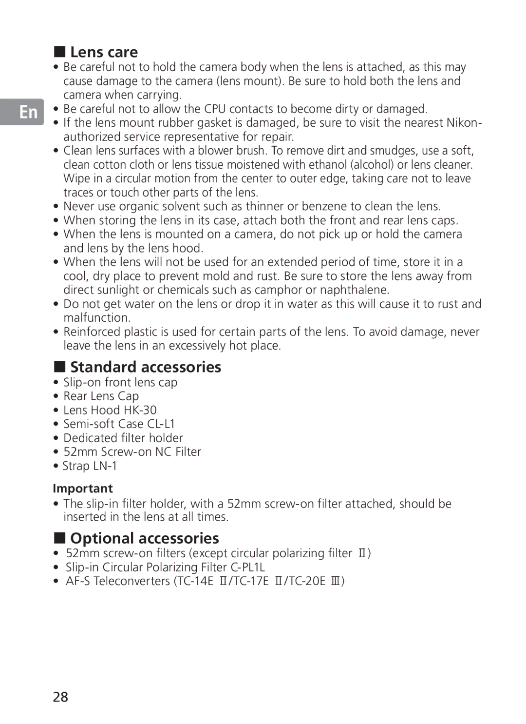 Nikon 300mm f/2.8G ED VR II, 2186 manual Lens care, Standard accessories, Optional accessories 