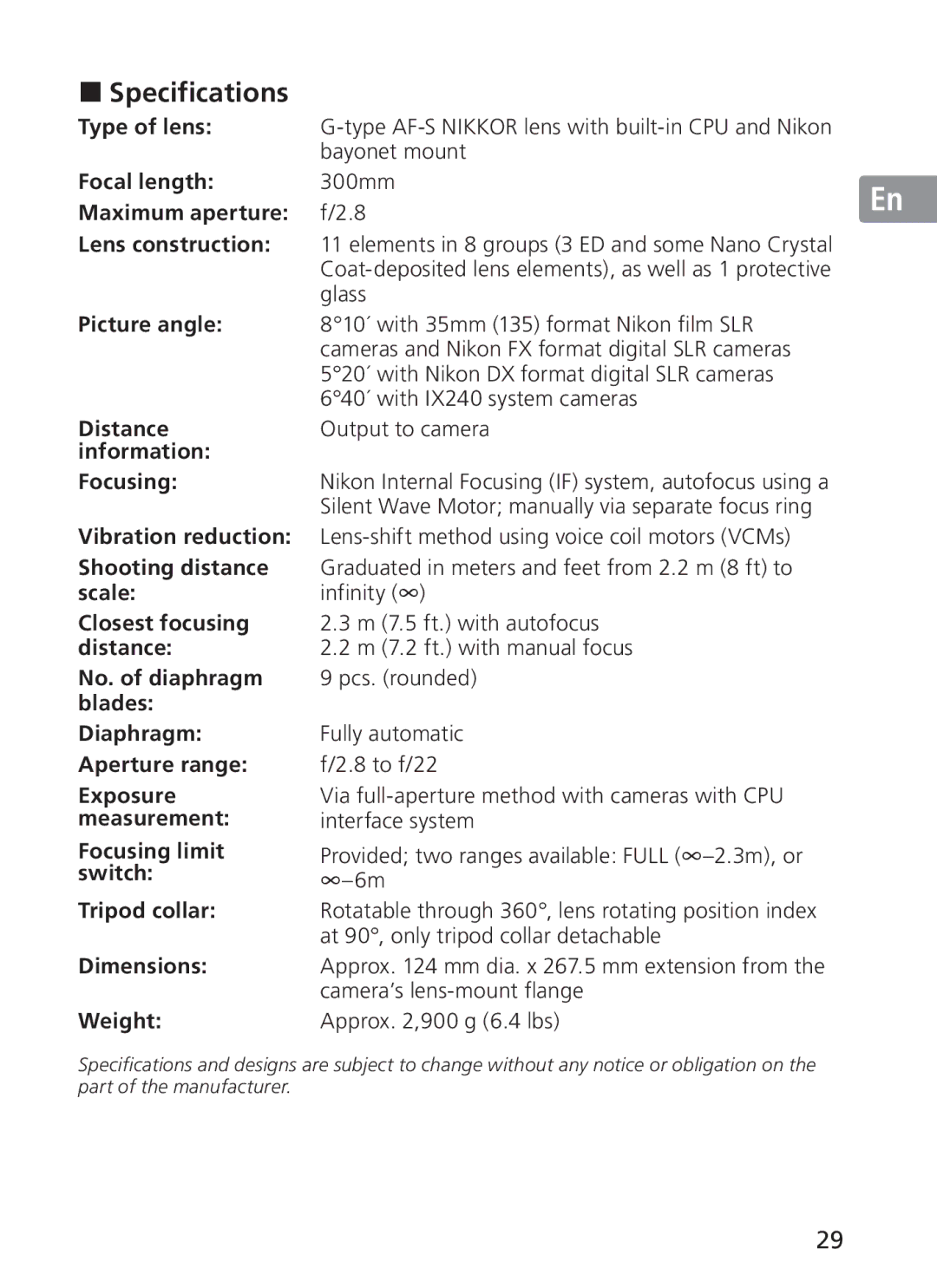 Nikon 2186, 300mm f/2.8G ED VR II manual Specifications 