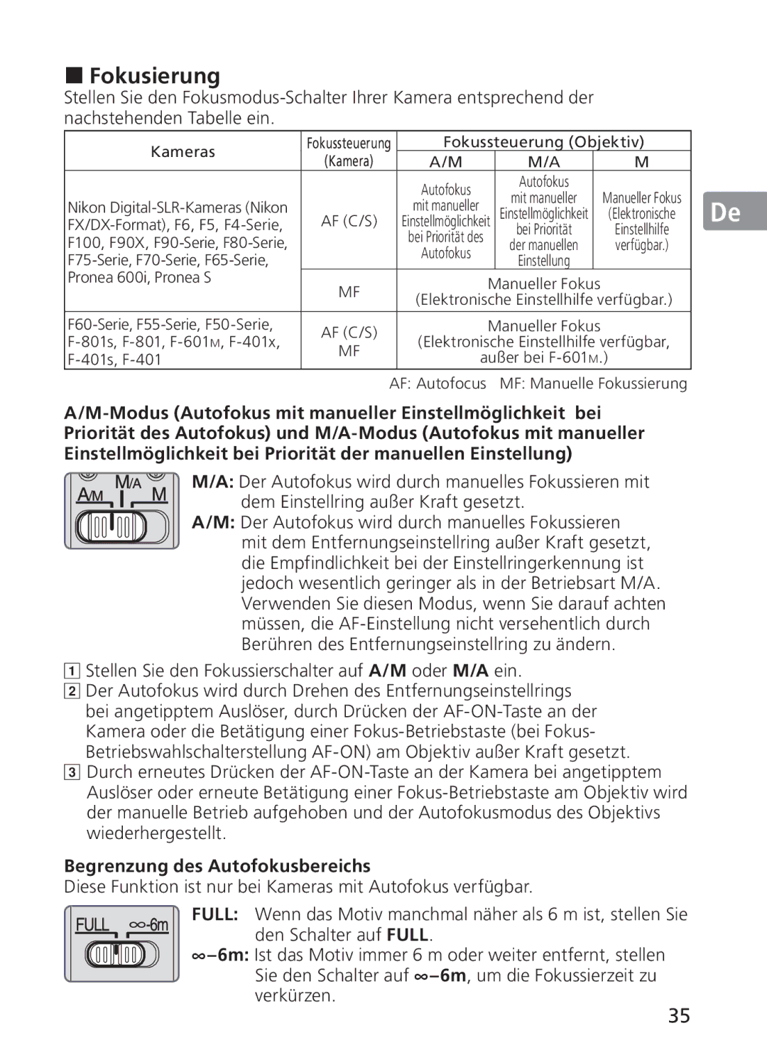 Nikon 2186 manual Fokusierung, Stellen Sie den Fokussierschalter auf A/M oder M/A ein, Begrenzung des Autofokusbereichs 