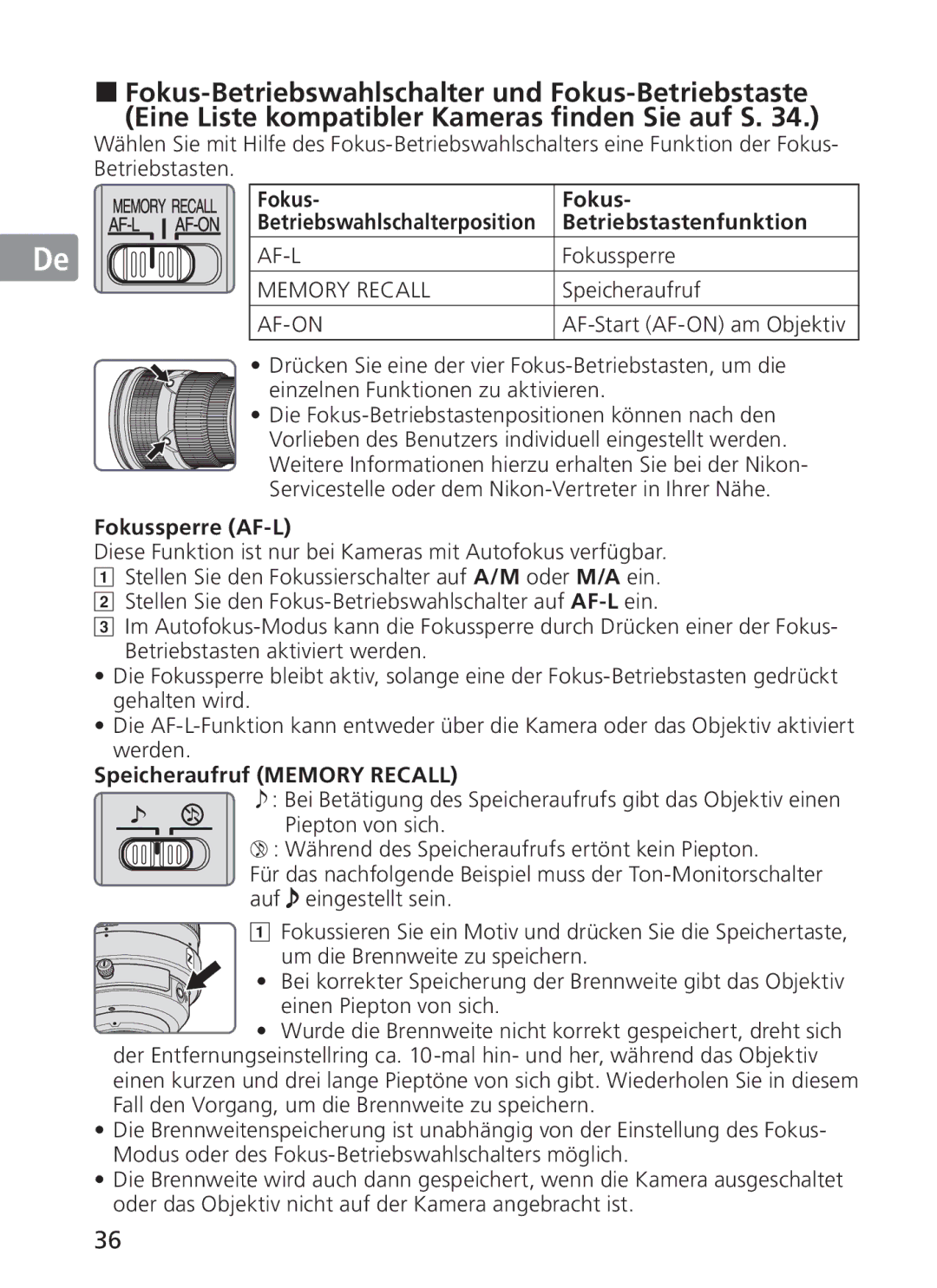 Nikon 300mm f/2.8G ED VR II, 2186 manual Betriebstastenfunktion, Fokussperre AF-L, Speicheraufruf Memory Recall 