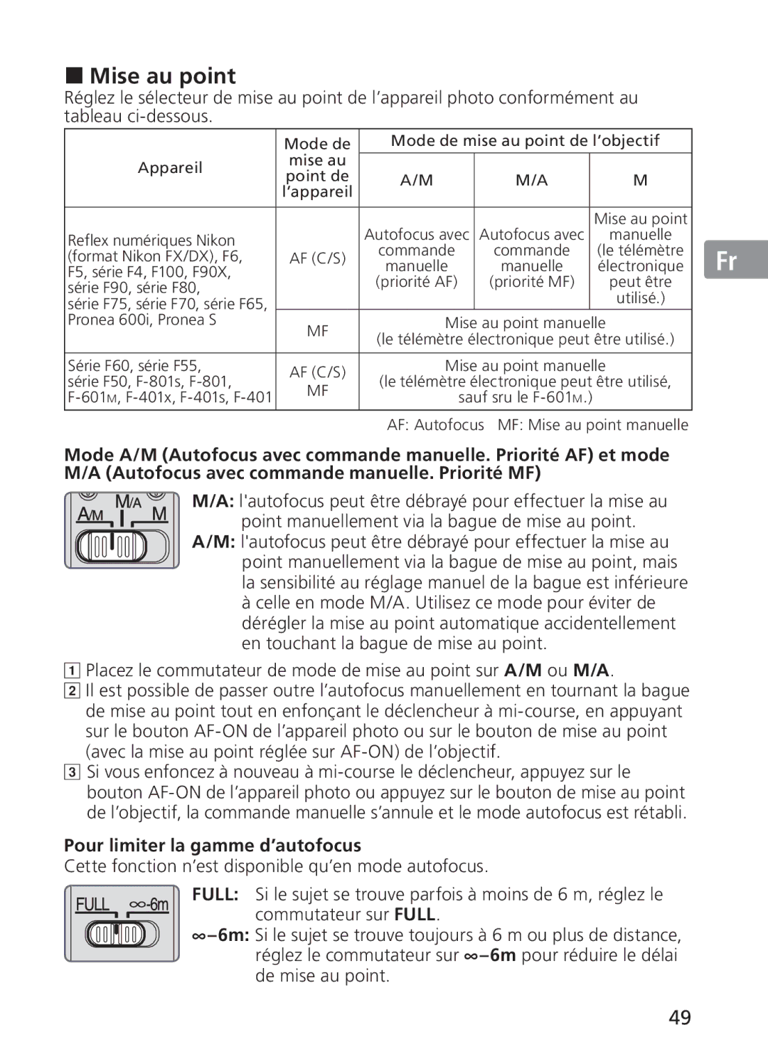 Nikon 2186, 300mm f/2.8G ED VR II manual Mise au point, Pour limiter la gamme d’autofocus 