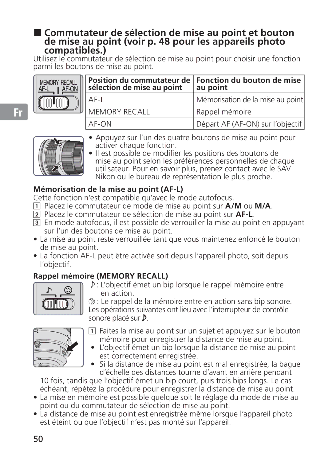 Nikon 300mm f/2.8G ED VR II, 2186 manual Au point, Mémorisation de la mise au point AF-L, Rappel mémoire Memory Recall 