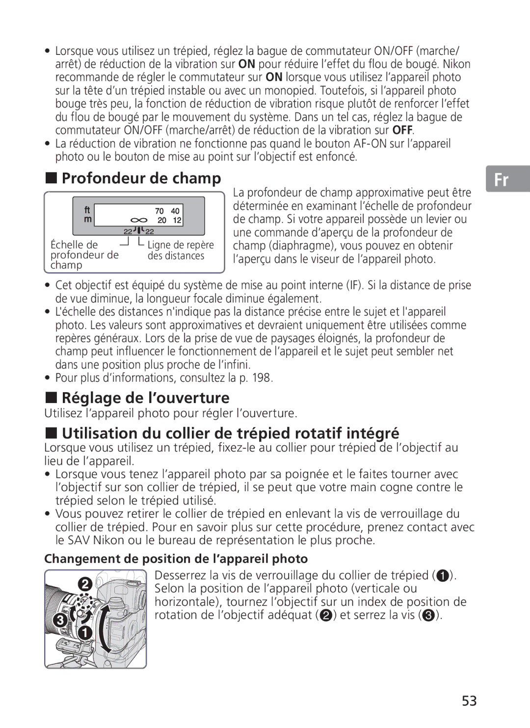 Nikon 2186 manual Profondeur de champ, Réglage de l’ouverture, Utilisation du collier de trépied rotatif intégré 