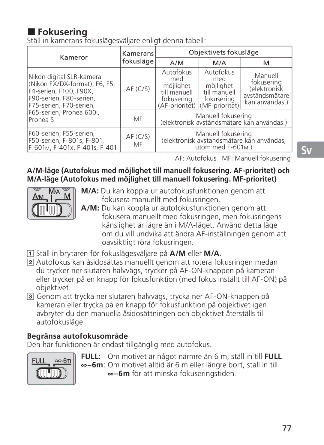 Nikon 2186 manual Fokusering, Ställ in kamerans fokuslägesväljare enligt denna tabell, Begränsa autofokusområde 