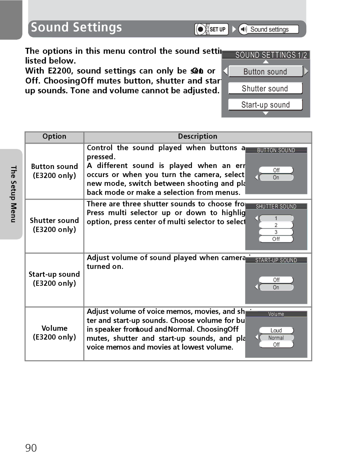 Nikon 3200 2200 manual Sound Settings 1/2, Button sound Shutter sound Start-up sound 