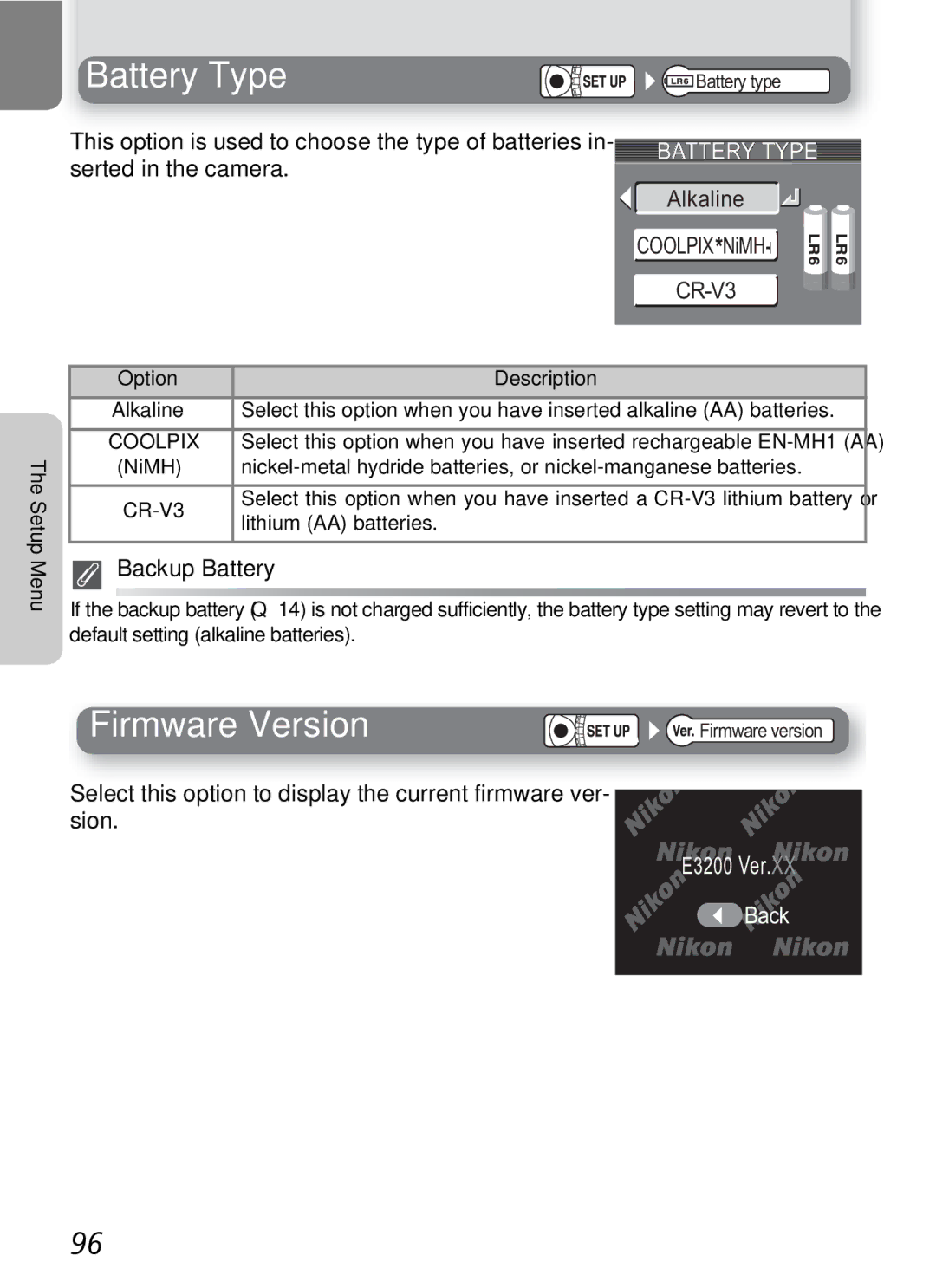 Nikon 3200 2200 manual Battery Type, Firmware Version, Backup Battery, E3200 Ver.XX Back 