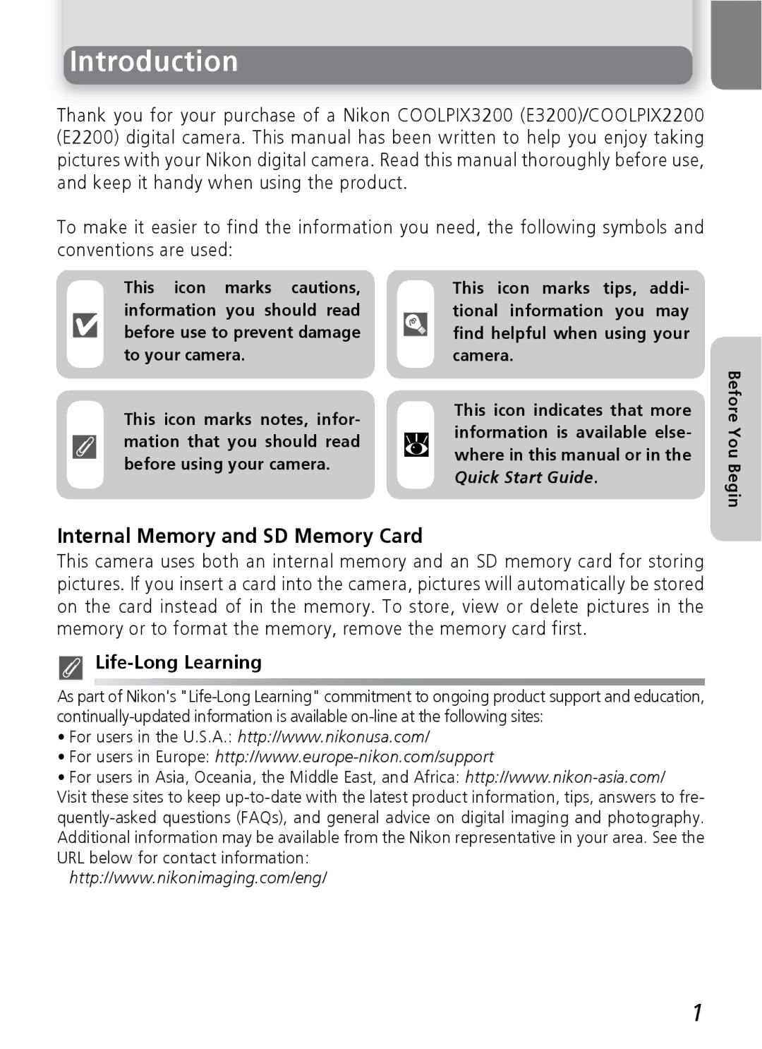 Nikon 3200 2200 manual Introduction, Internal Memory and SD Memory Card, Life-Long Learning, Before You Begin 