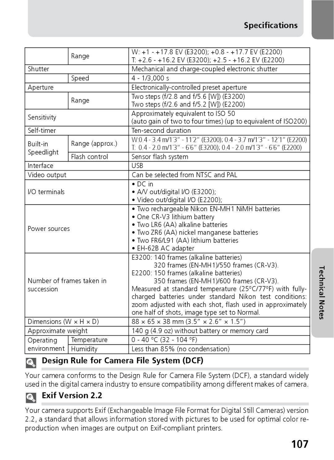 Nikon 3200 2200 manual Specifications, Design Rule for Camera File System DCF, Exif Version 