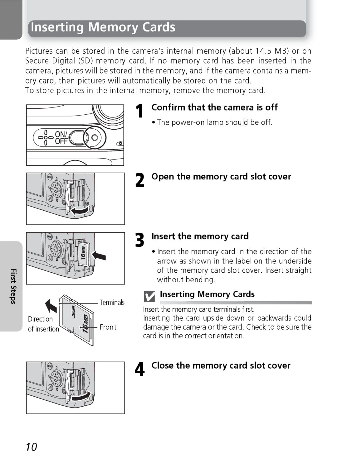 Nikon 3200 2200 manual Inserting Memory Cards, Confirm that the camera is off, Close the memory card slot cover 