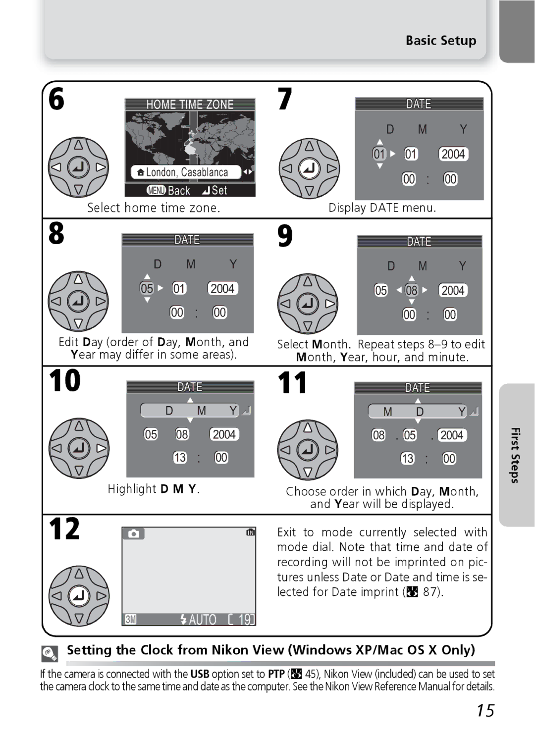 Nikon 3200 2200 manual Basic Setup, Home Time Zone, Setting the Clock from Nikon View Windows XP/Mac OS X Only 