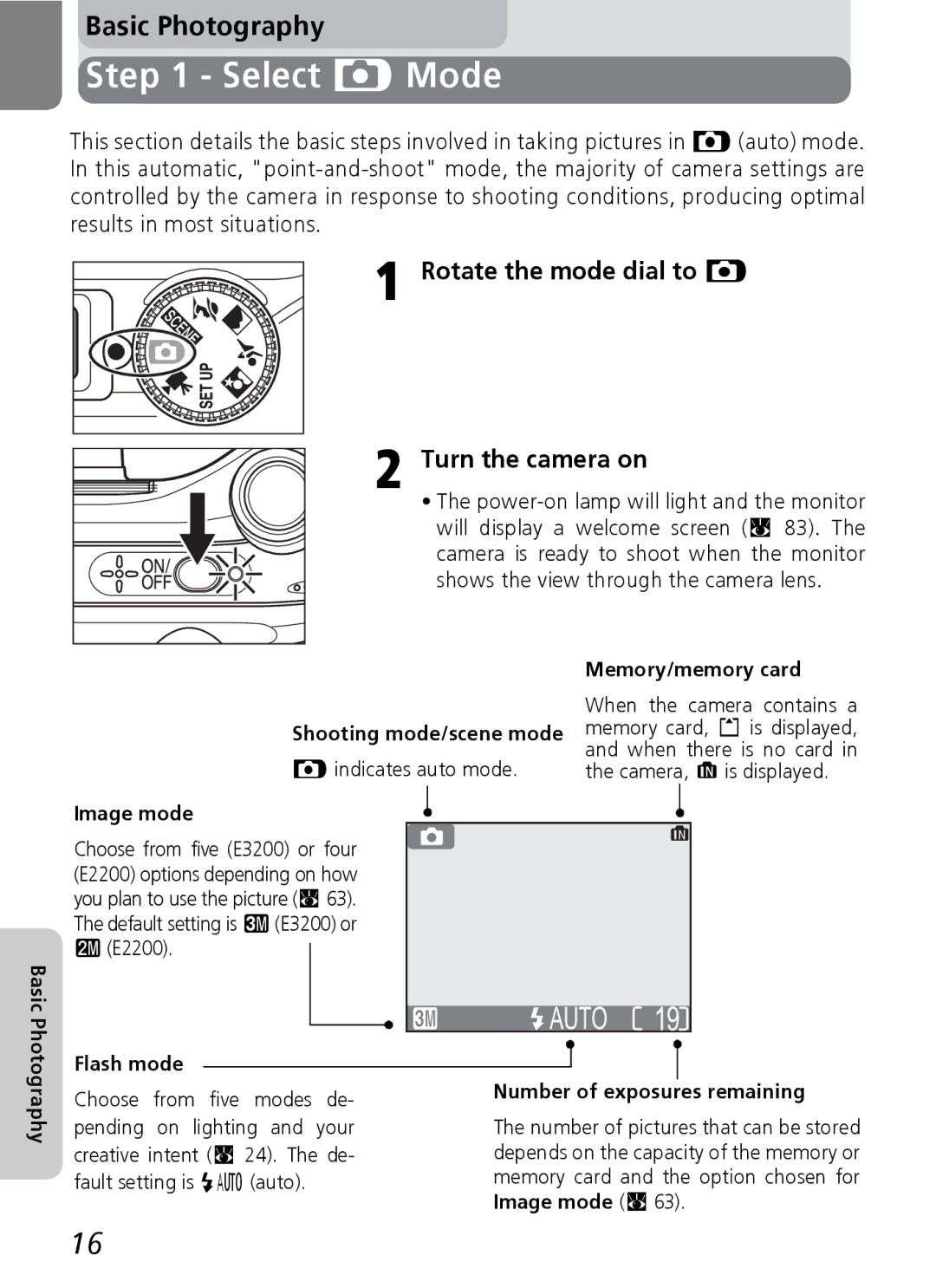 Nikon 3200 2200 manual Select P Mode, Rotate the mode dial to P Turn the camera on 