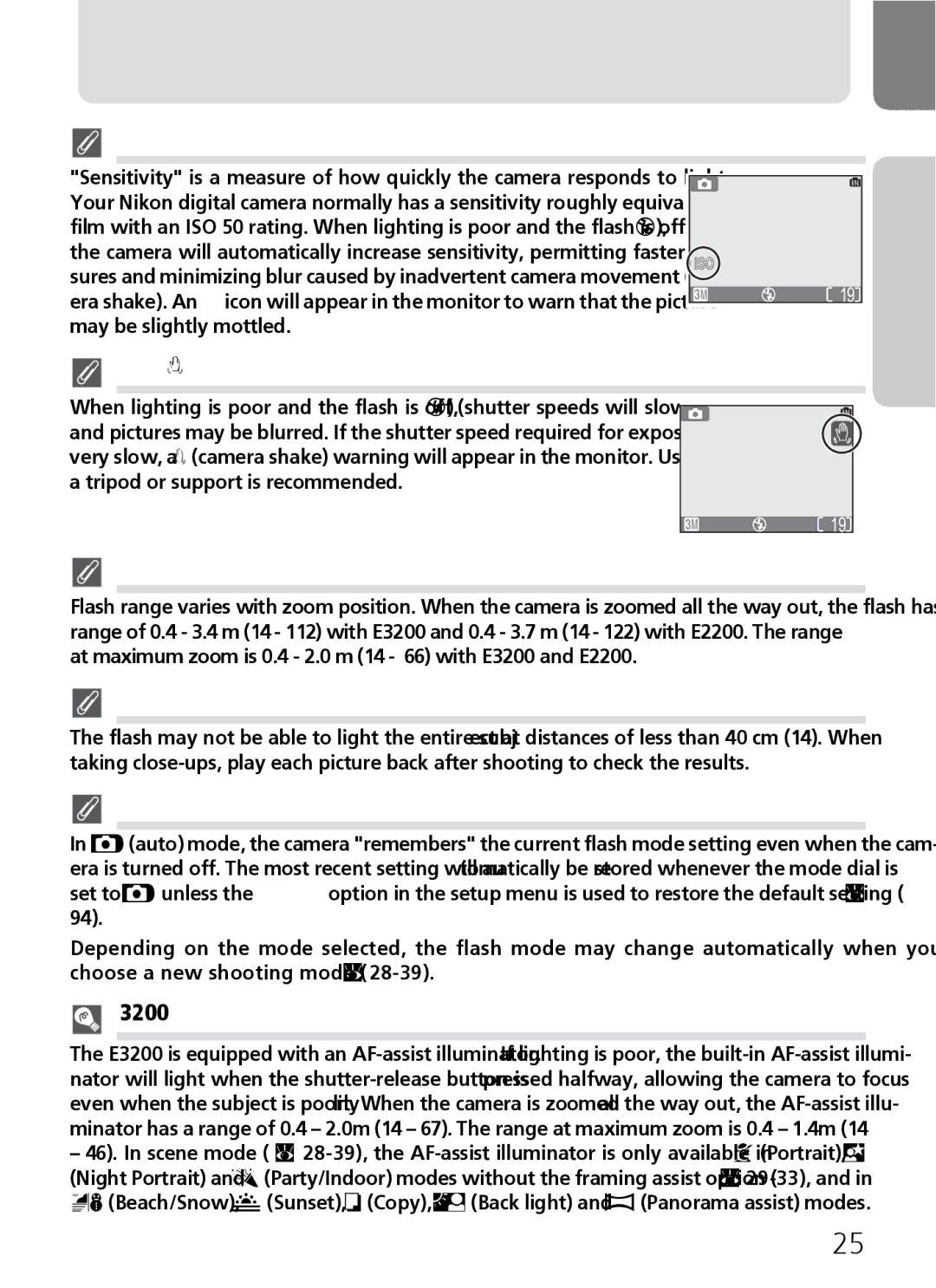 Nikon 3200 2200 manual Camera Shake Icon, Flash Range, Close-Ups, Flash Mode Selection, AF-Assist Illuminator E3200 only 
