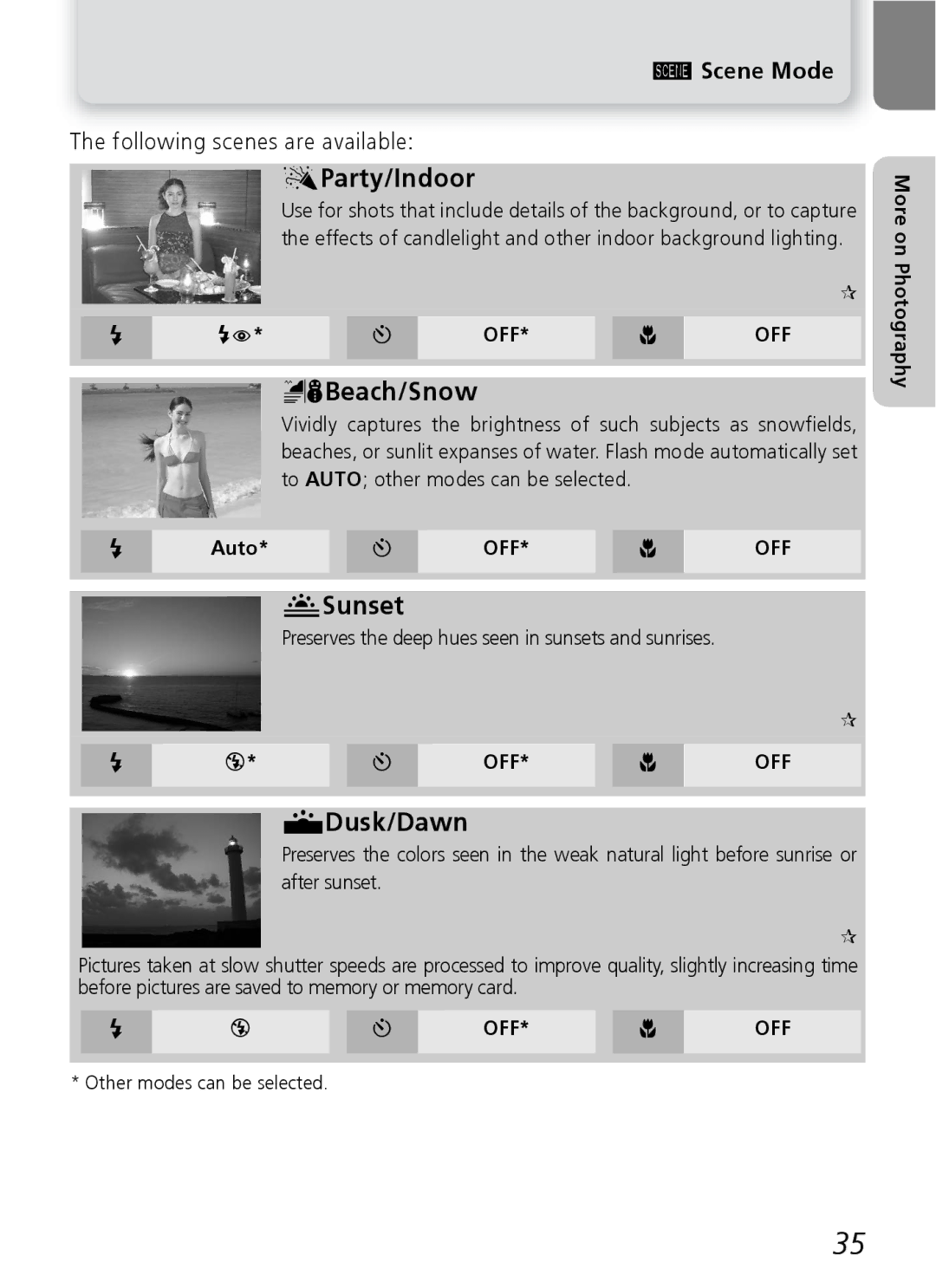 Nikon 3200 2200 manual Scene Mode, Following scenes are available, Off* & Off 