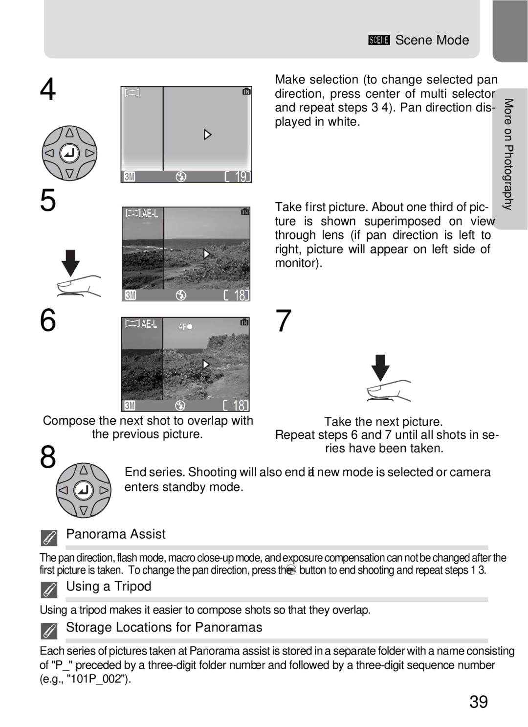 Nikon 3200 2200 manual Ries have been taken, Enters standby mode, Panorama Assist, Using a Tripod 