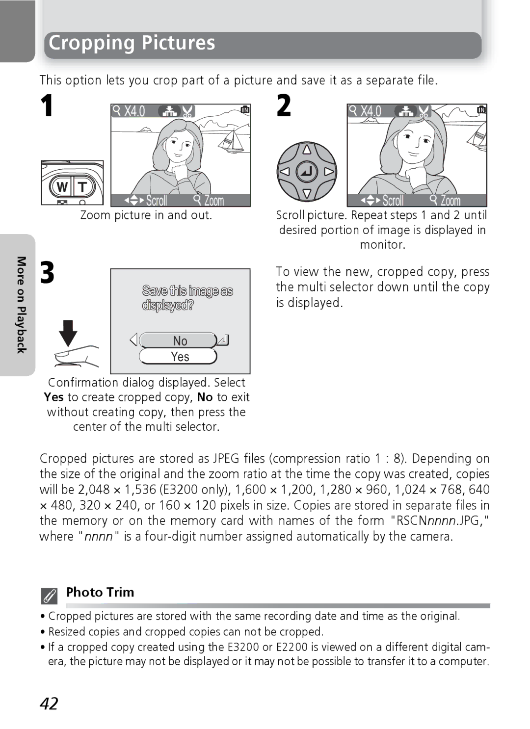 Nikon 3200 2200 manual Cropping Pictures, Zoom picture in and out, Save this image as displayed?, Photo Trim 