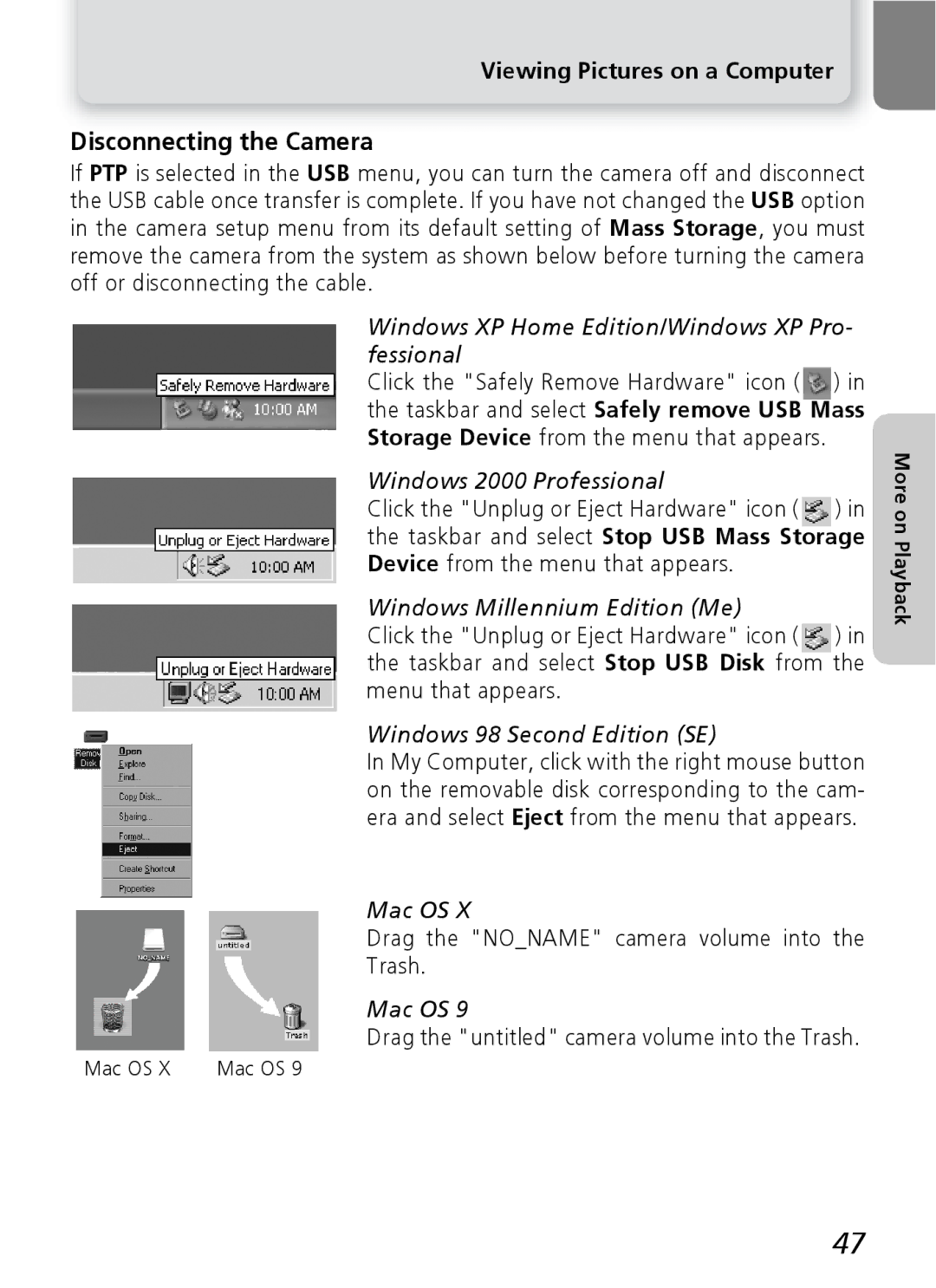 Nikon 3200 2200 manual Disconnecting the Camera, Drag the Noname camera volume into Trash, Mac OS 