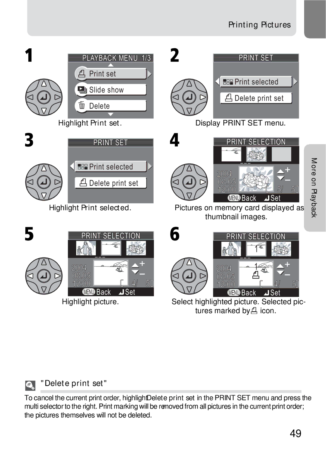 Nikon 3200 2200 manual Playback Menu 1/3, Print SET, Highlight Print selected Printing Pictures, Print Selection 