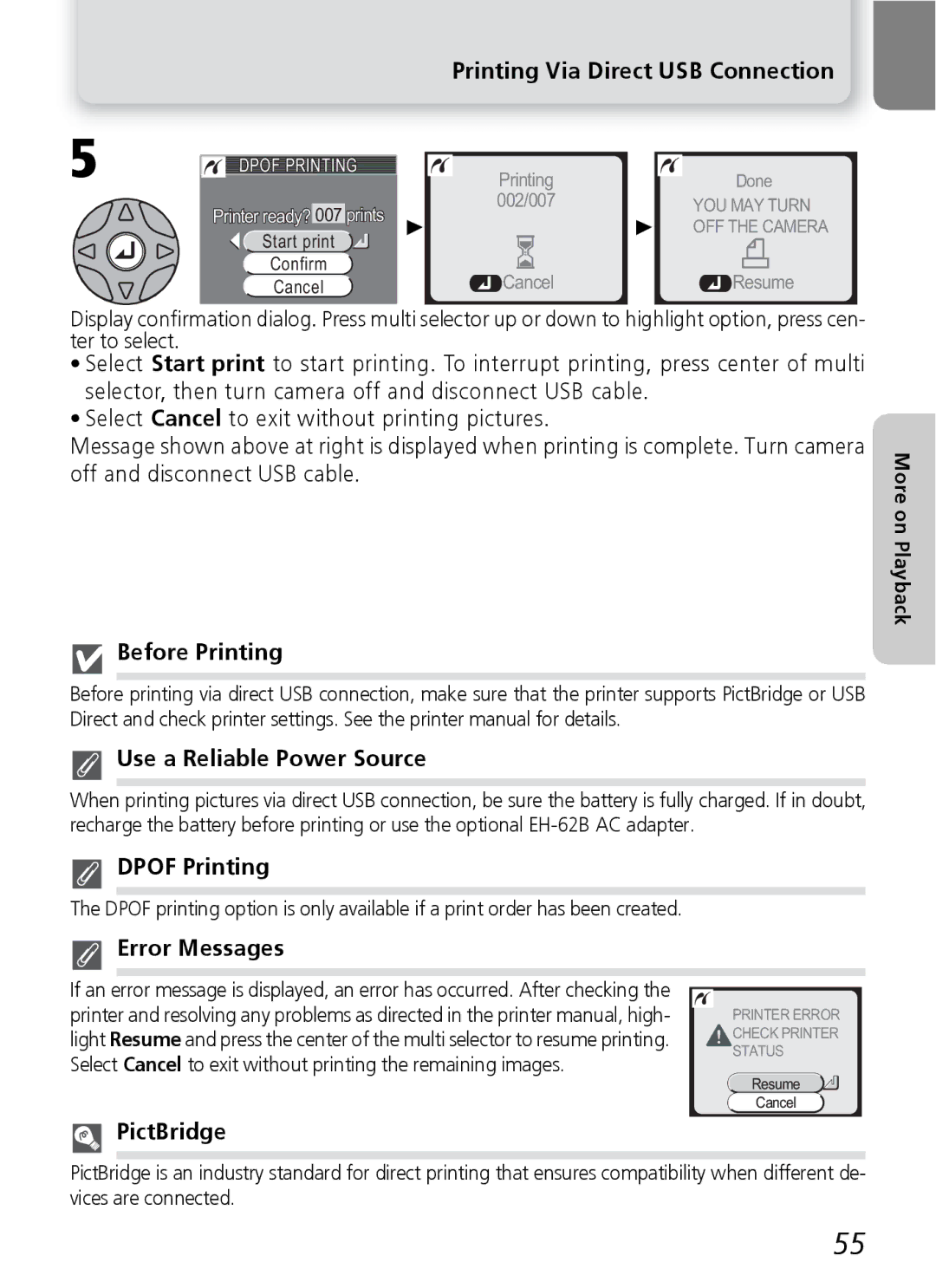 Nikon 3200 2200 manual Before Printing, Use a Reliable Power Source, Dpof Printing, Error Messages, PictBridge 