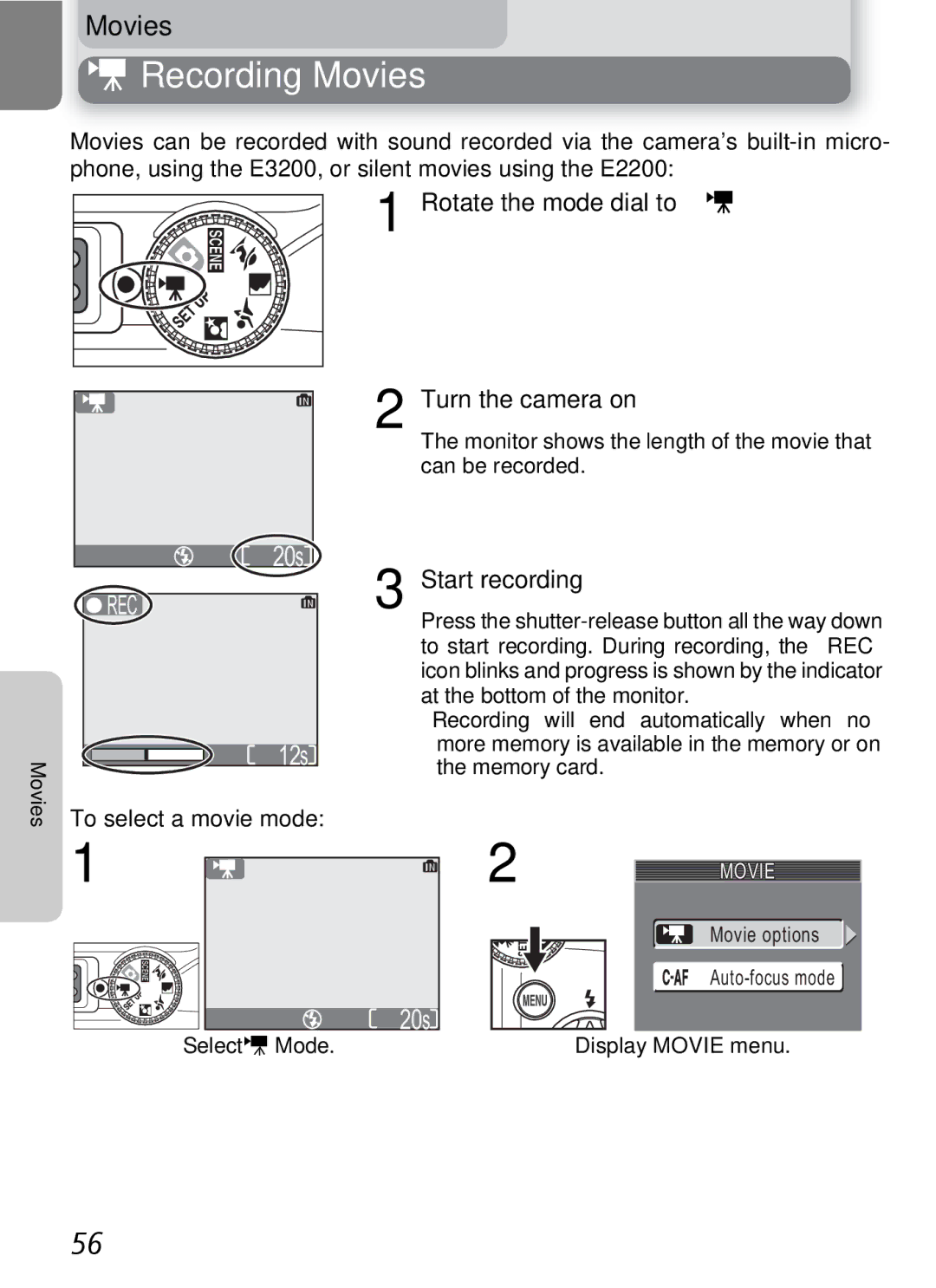 Nikon 3200 2200 manual Recording Movies, Rotate the mode dial to W Turn the camera on, Start recording 