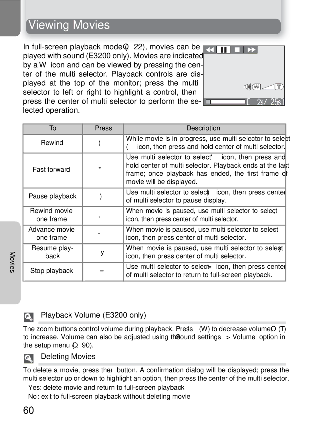 Nikon 3200 2200 manual Viewing Movies, Playback Volume E3200 only, Deleting Movies 