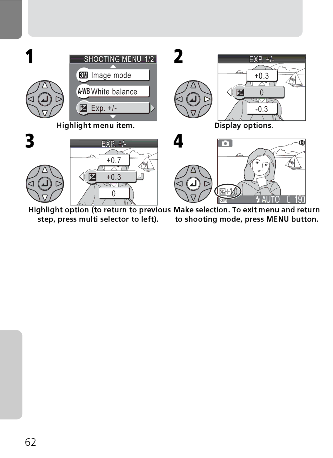 Nikon 3200 2200 manual Using the Shooting Menu, Image mode, Highlight menu item, Exp. + 