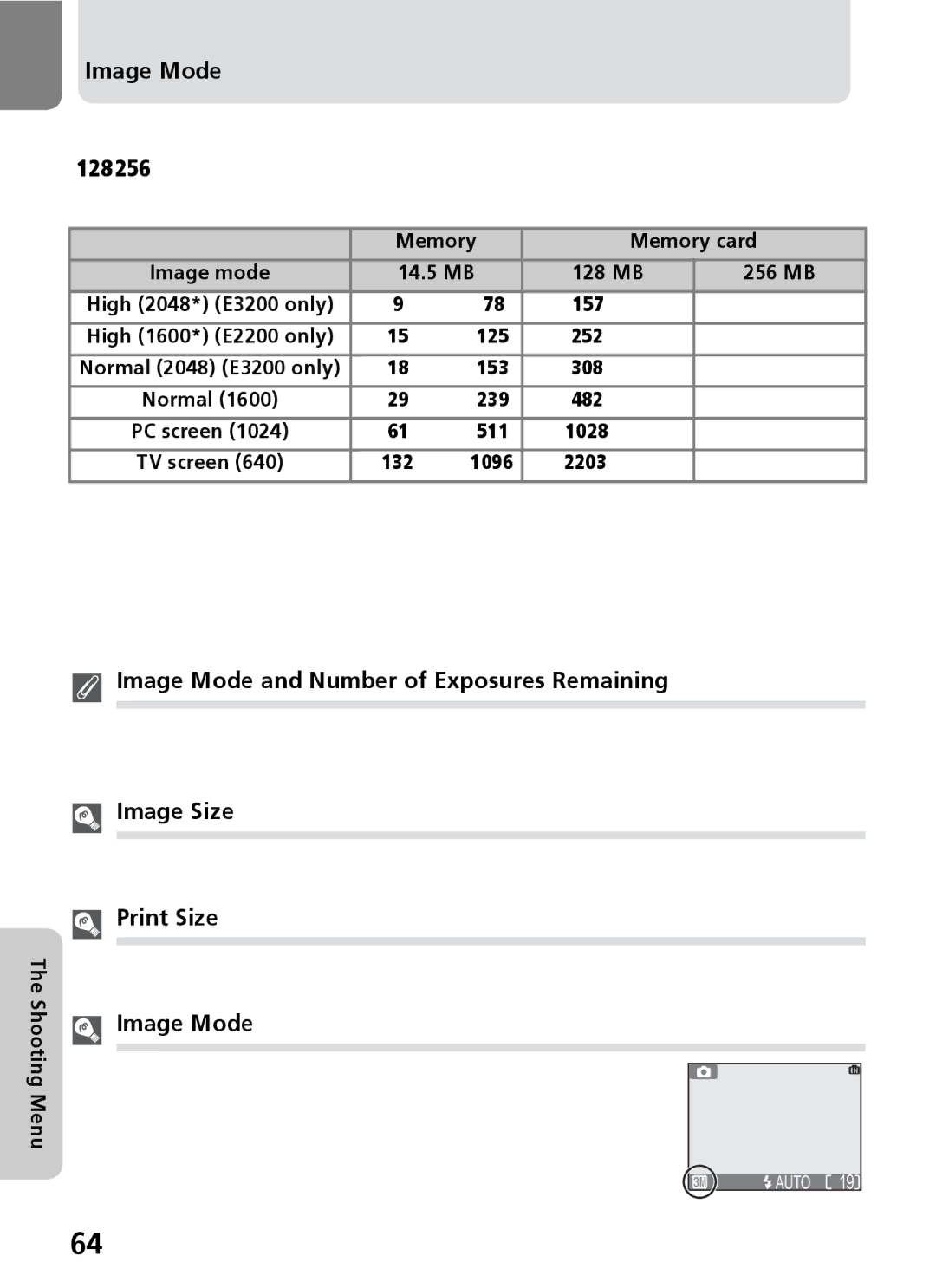 Nikon 3200 2200 manual Image Mode and Number of Exposures Remaining, Image Size, Print Size, Memory Memory card 