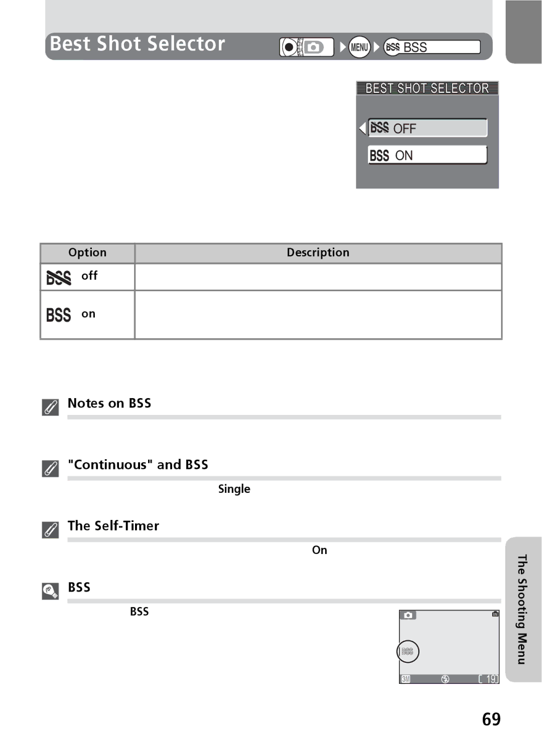 Nikon 3200 2200 manual Best Shot Selector, Bss, Off, Continuous and BSS 