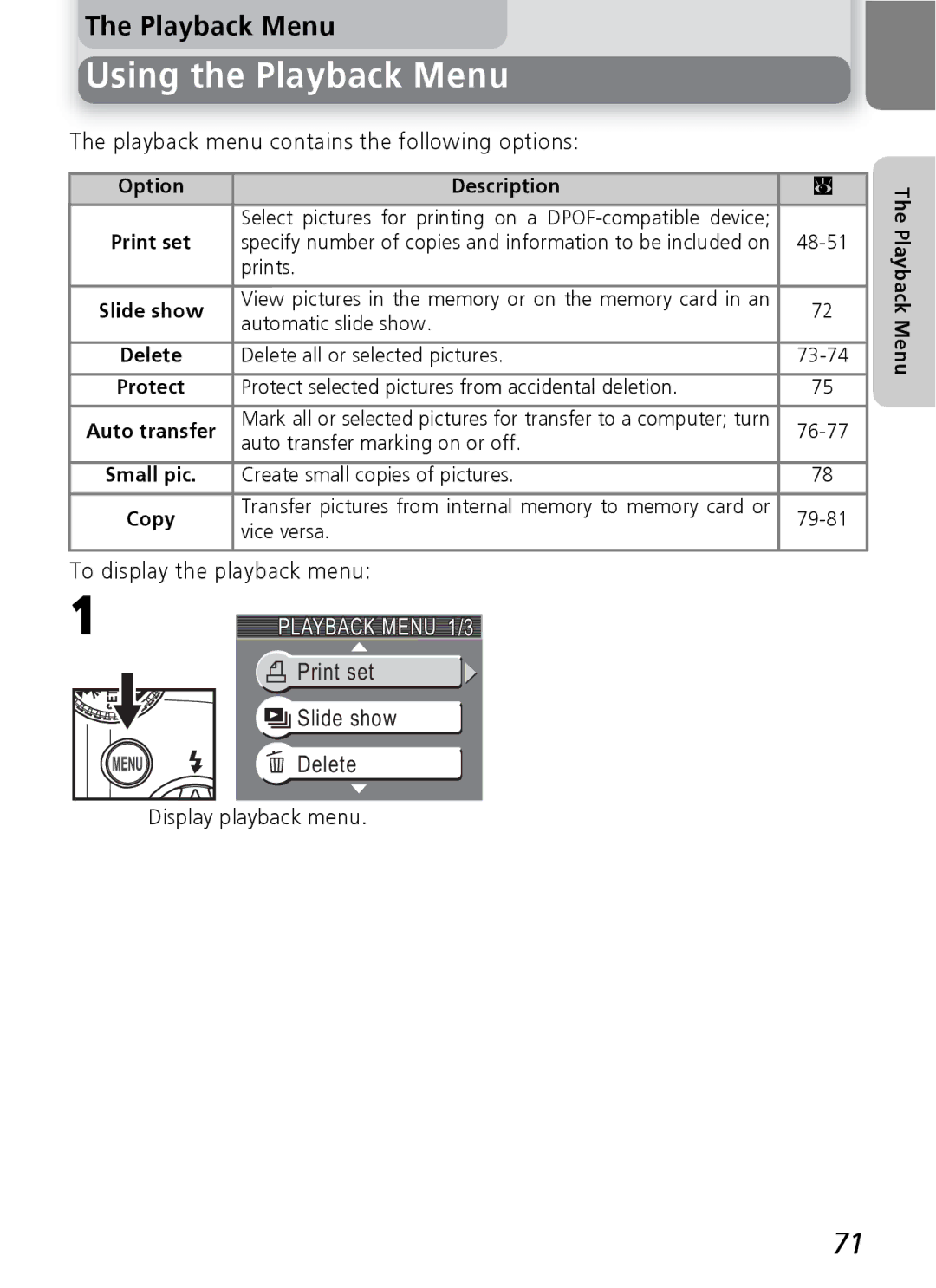 Nikon 3200 2200 manual Using the Playback Menu, Playback menu contains the following options, To display the playback menu 