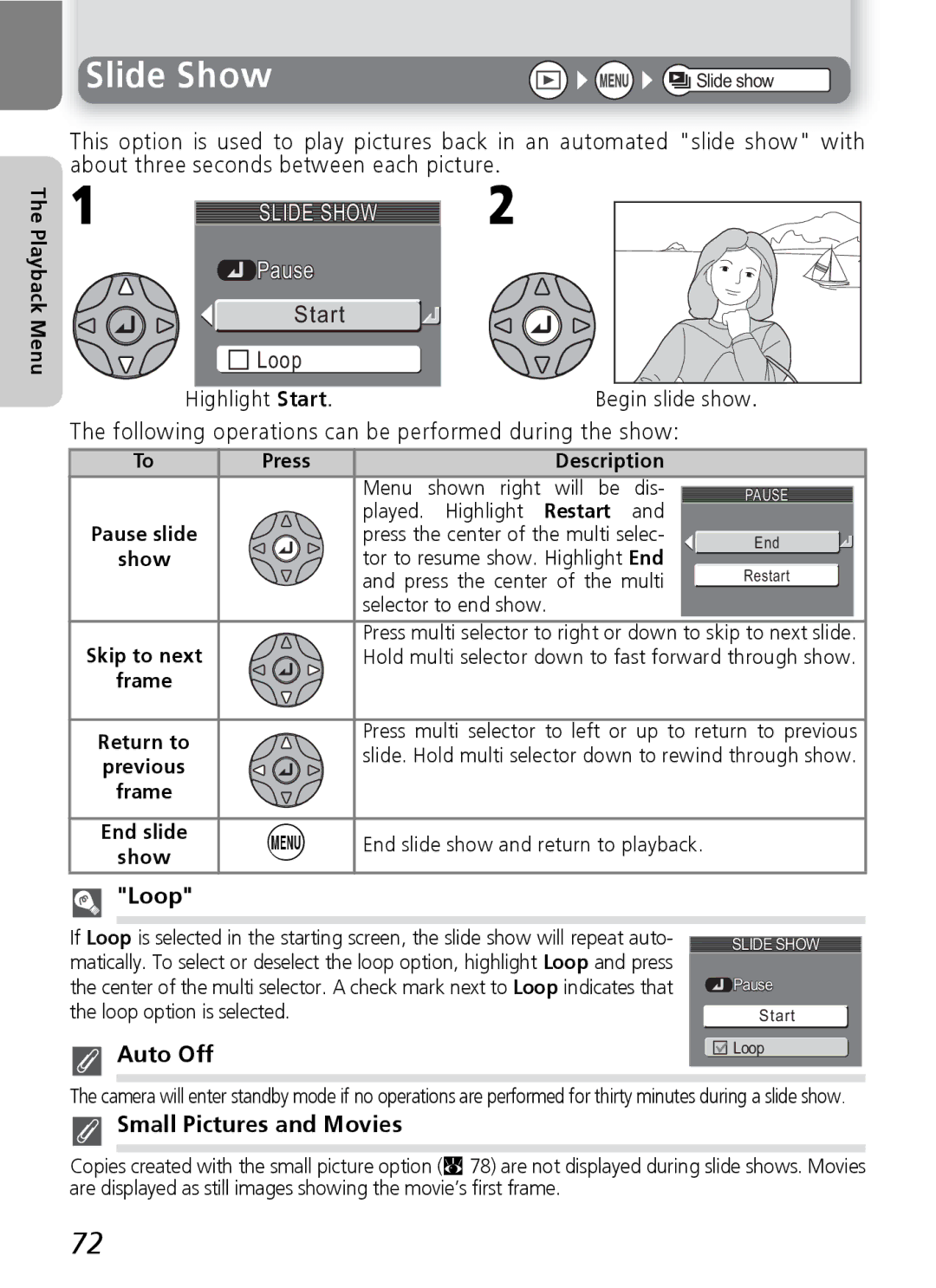 Nikon 3200 2200 manual Slide Show, Loop, Auto Off, Small Pictures and Movies 