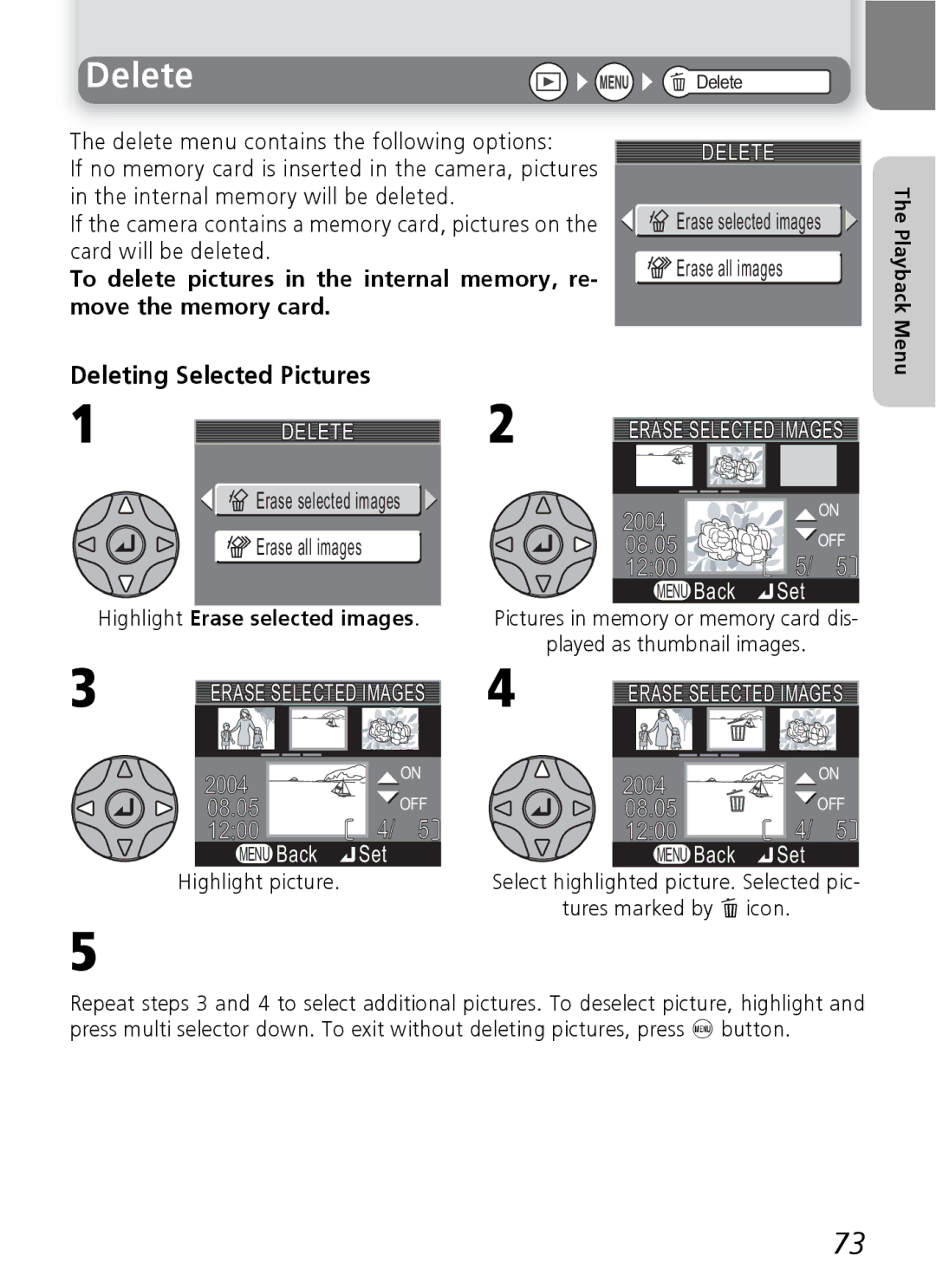 Nikon 3200 2200 manual Delete, Deleting Selected Pictures, Highlight Erase selected images 