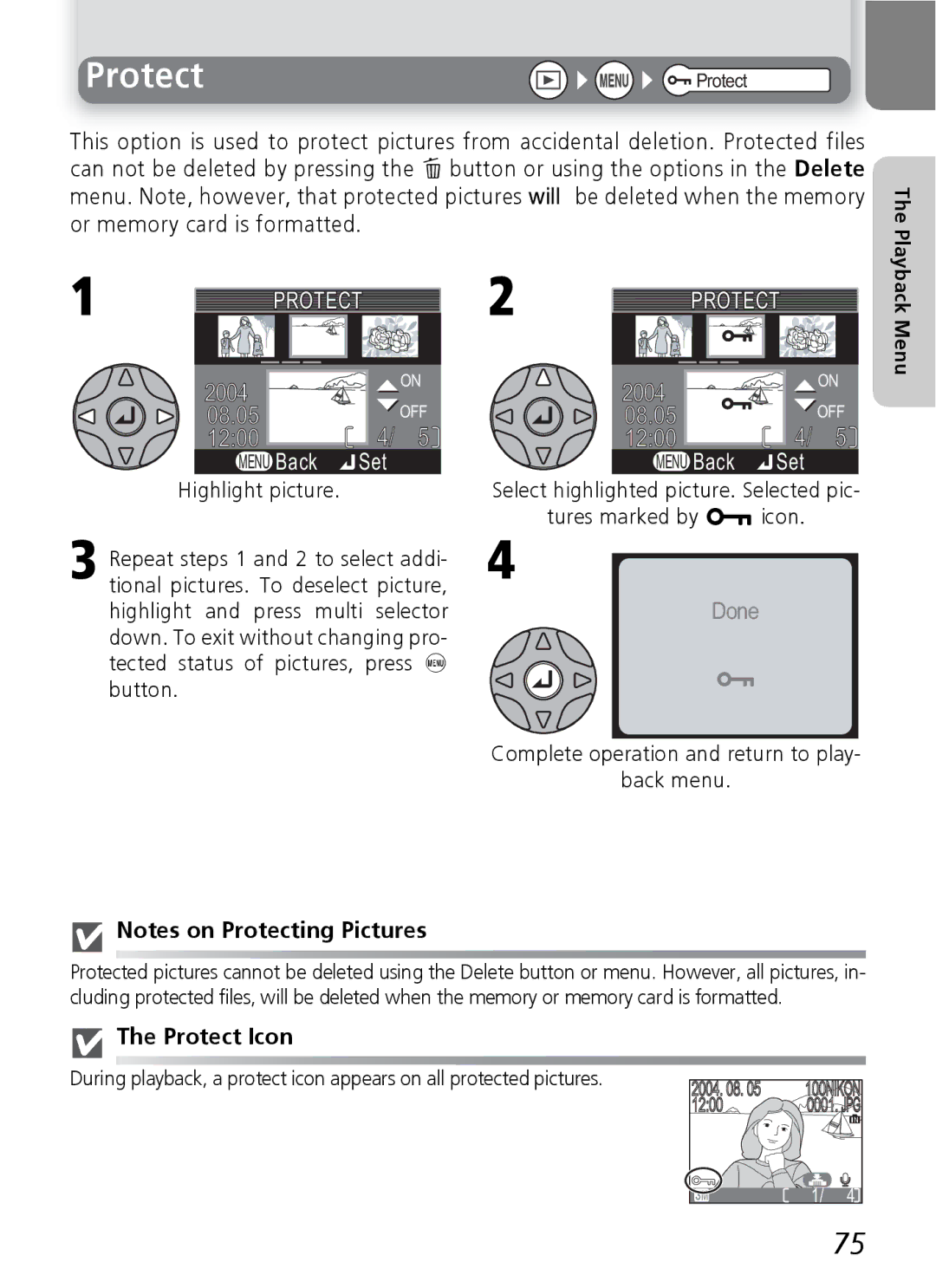 Nikon 3200 2200 manual Protect, Complete operation and return to play Back menu, Menu 