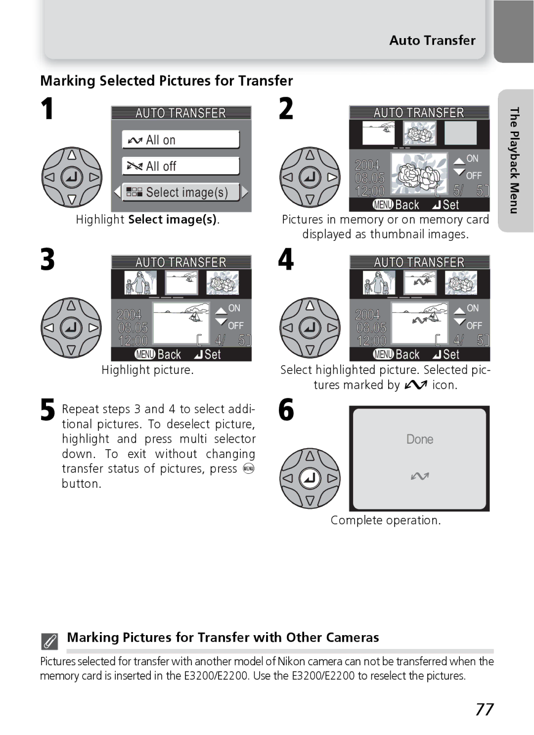 Nikon 3200 2200 manual Marking Selected Pictures for Transfer, Auto Transfer, All on All off, Complete operation 