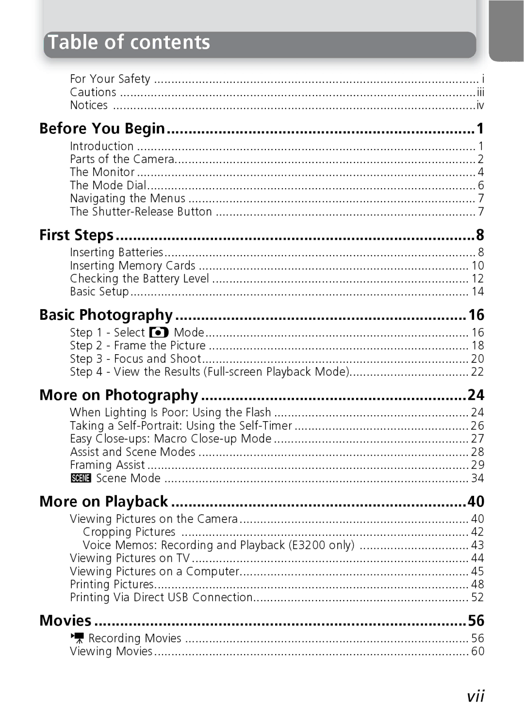 Nikon 3200 2200 manual Table of contents 