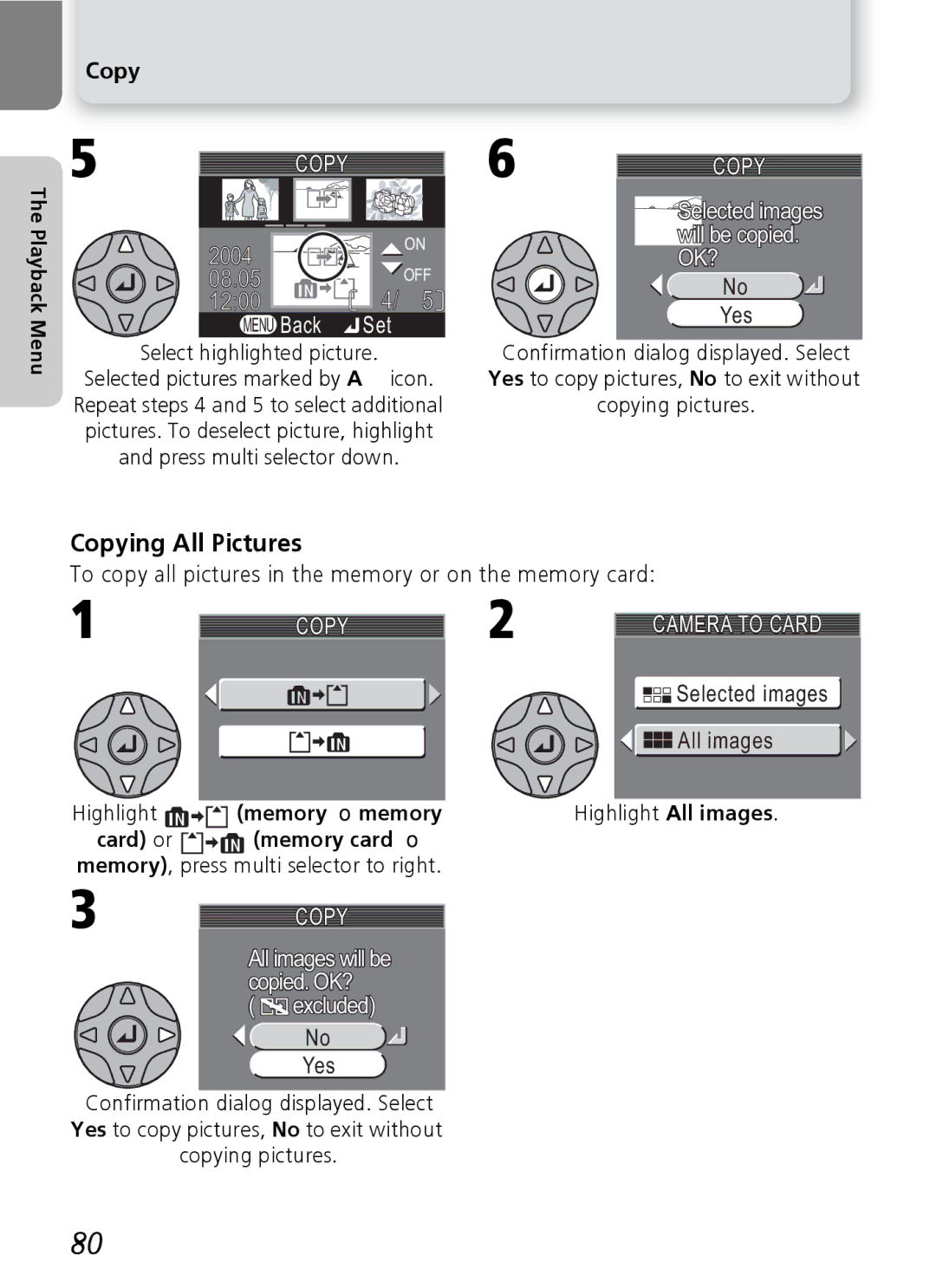 Nikon 3200 2200 Copying All Pictures, Selected images will be copied. OK?, Highlight memory → memory Card or memory card → 