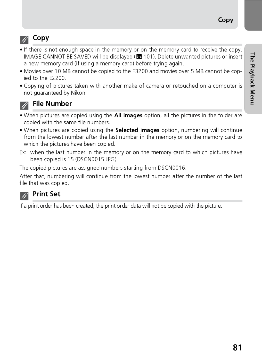 Nikon 3200 2200 manual Copy, File Number, Print Set 