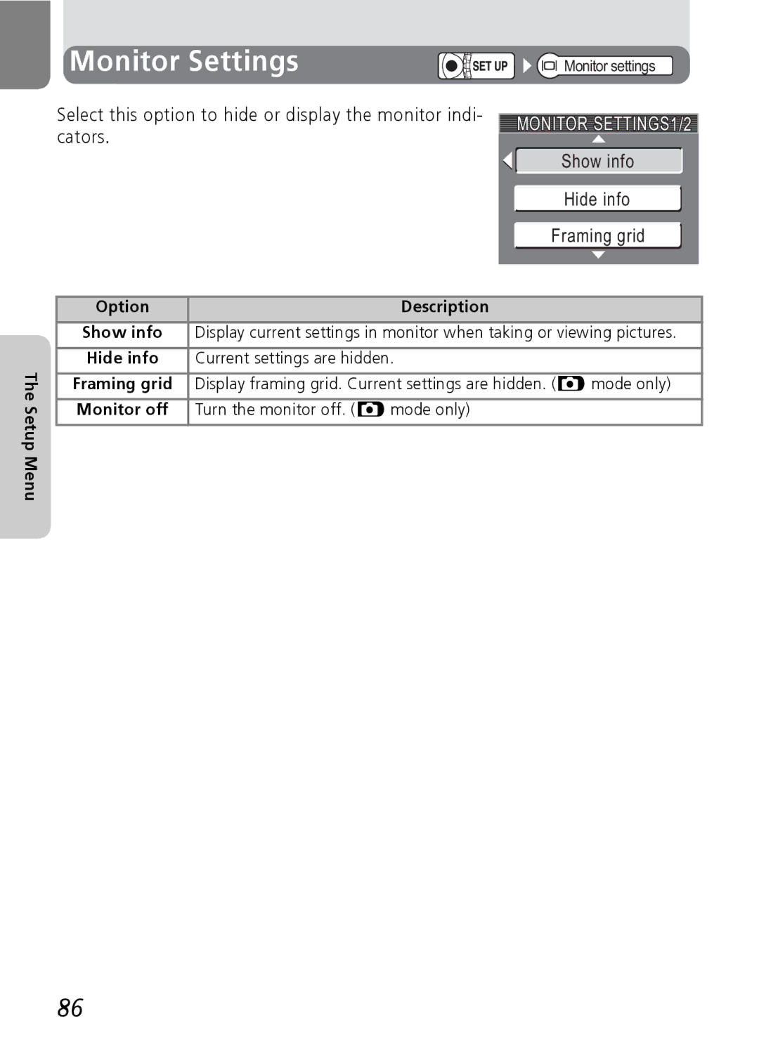 Nikon 3200 2200 manual Monitor Settings, Monitor SETTINGS1/2, Show info Hide info Framing grid 