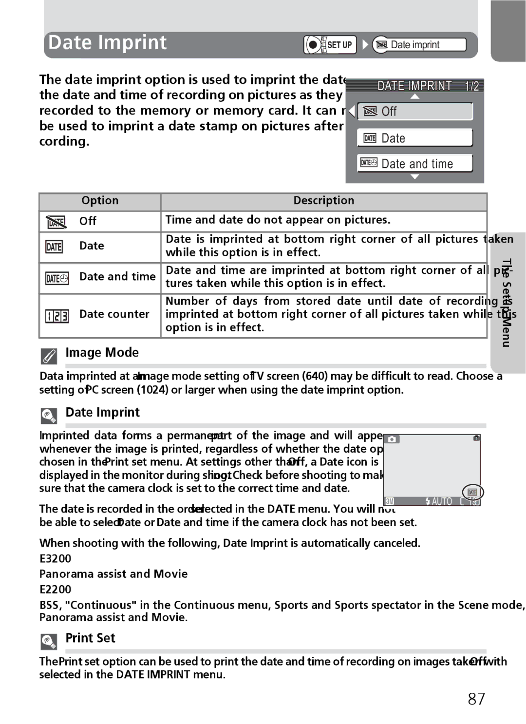 Nikon 3200 2200 manual Date Imprint 1/2, Off Date Date and time 