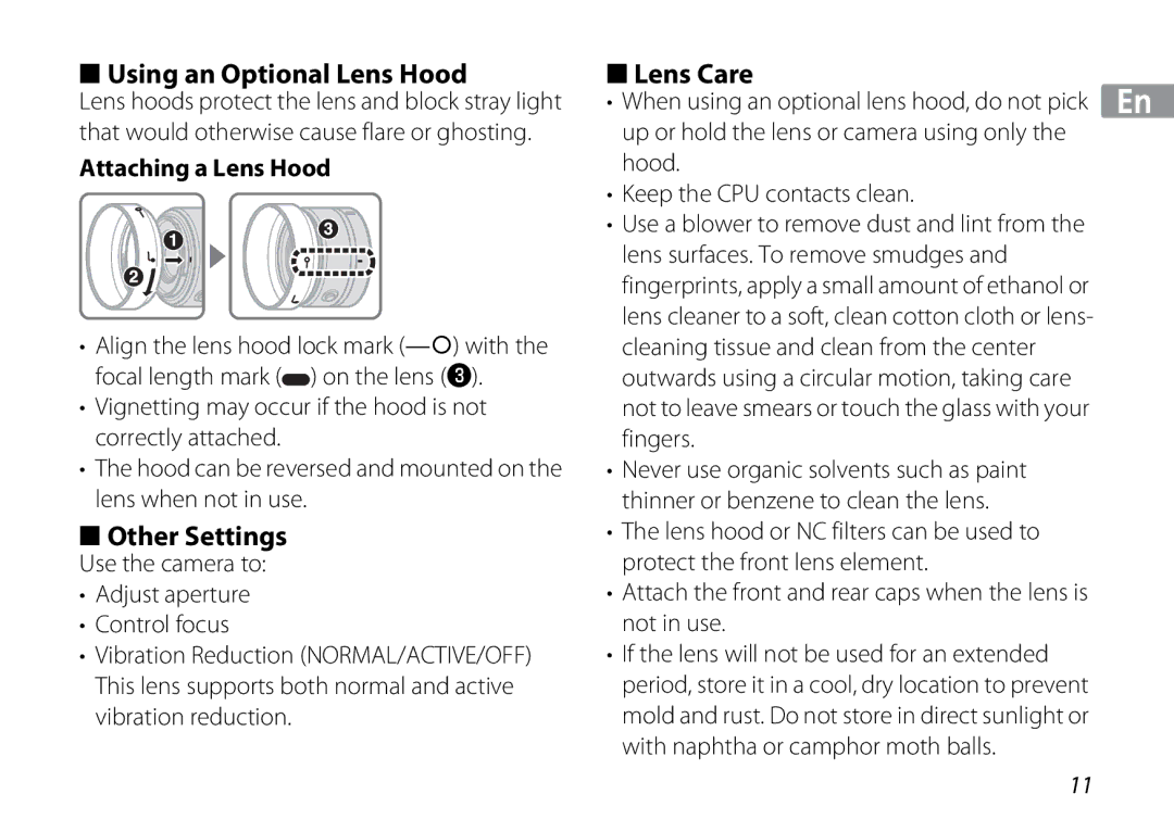 Nikon 3300, 3367 manual Using an Optional Lens Hood, Other Settings, Lens Care, Attaching a Lens Hood 