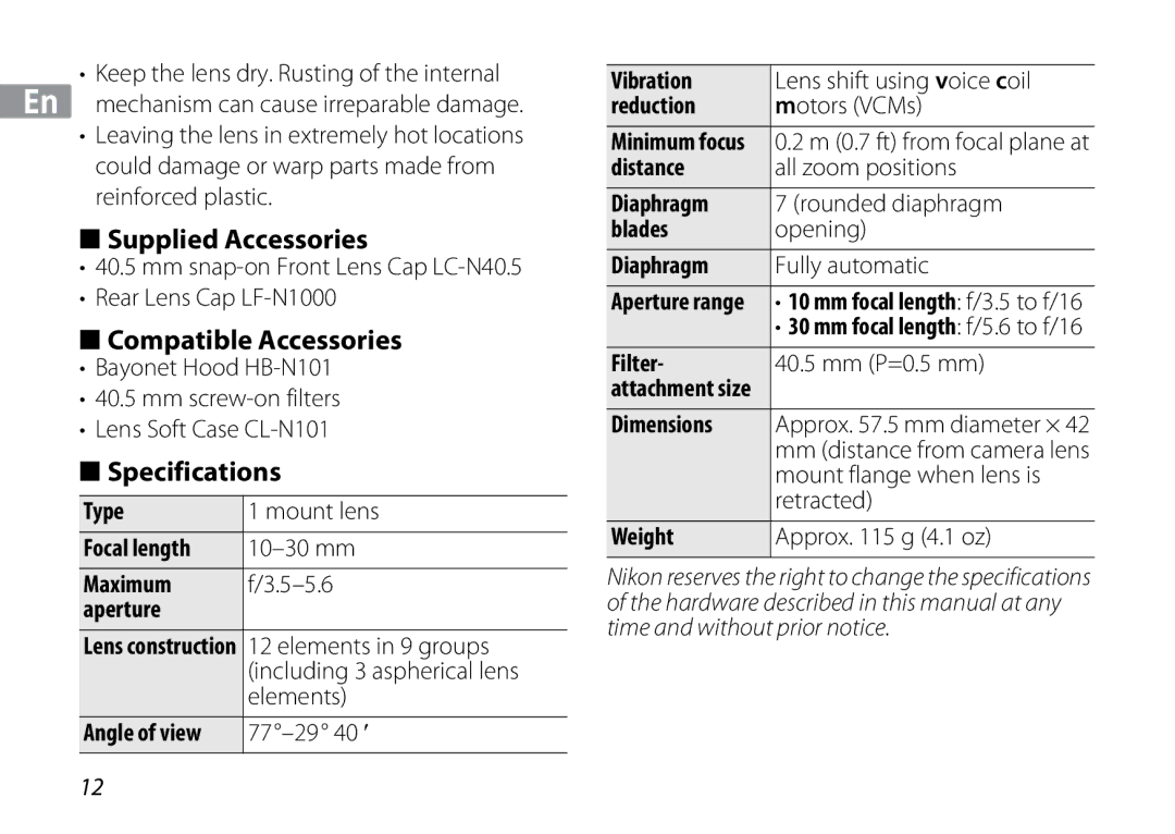 Nikon 3367, 3300 manual Supplied Accessories, Compatible Accessories, Specifications 