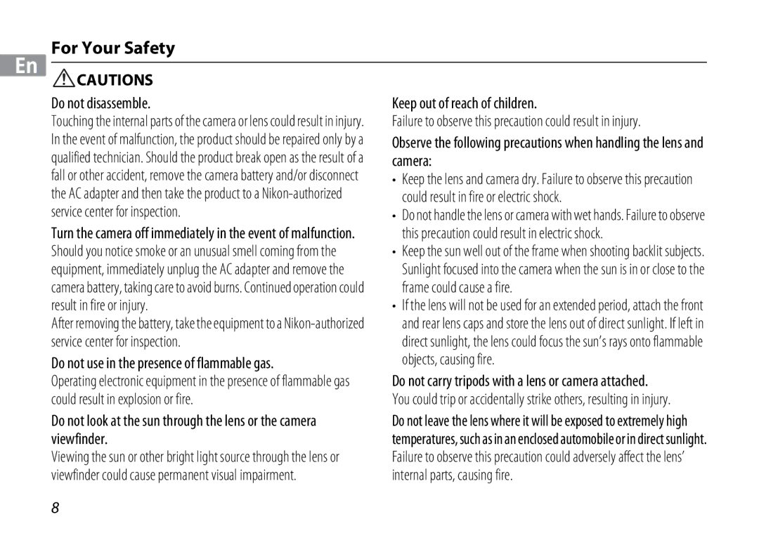 Nikon 3367, 3300 manual For Your Safety, Failure to observe this precaution could result in injury 