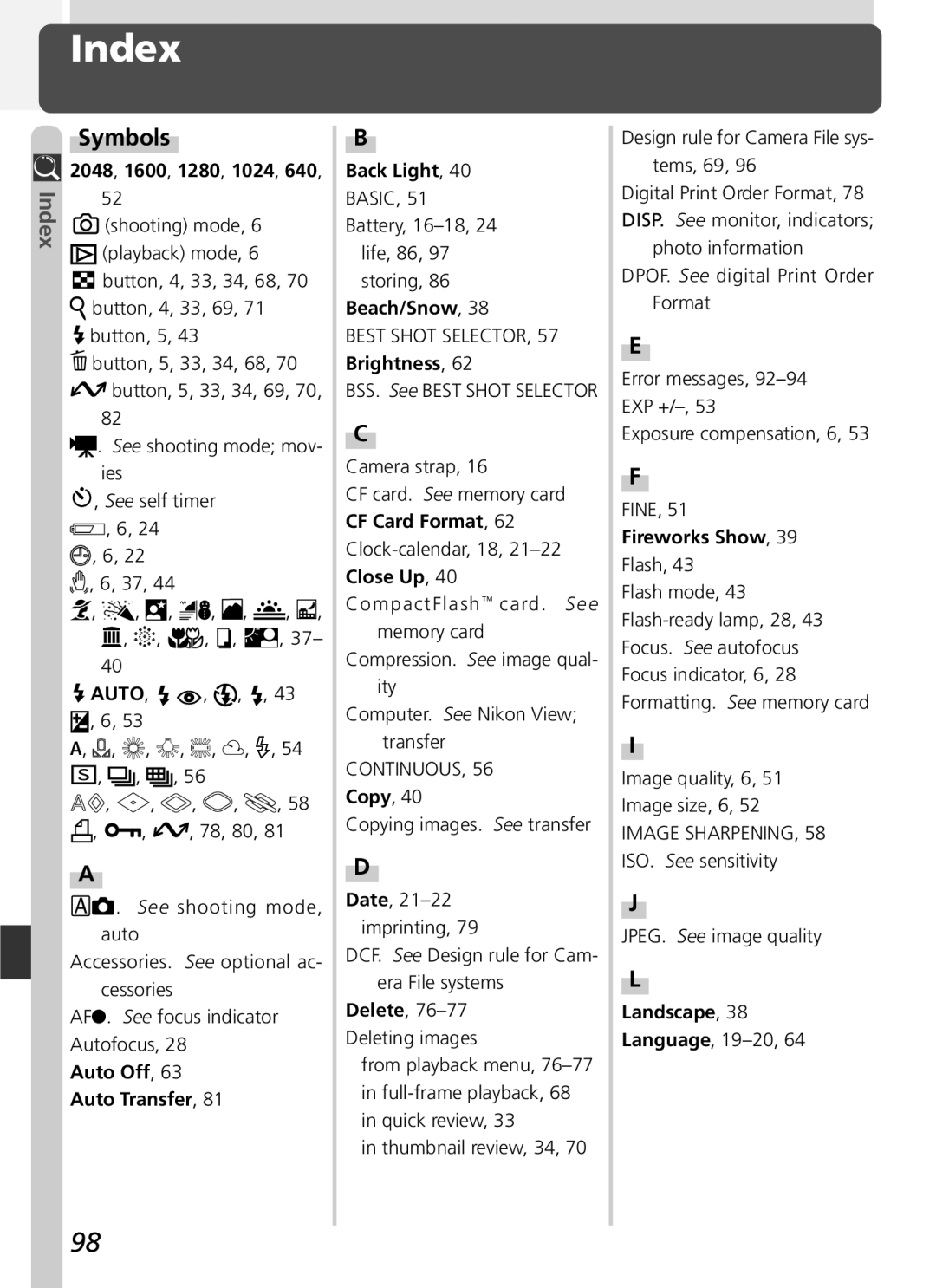 Nikon 3500 manual Index, Symbols 